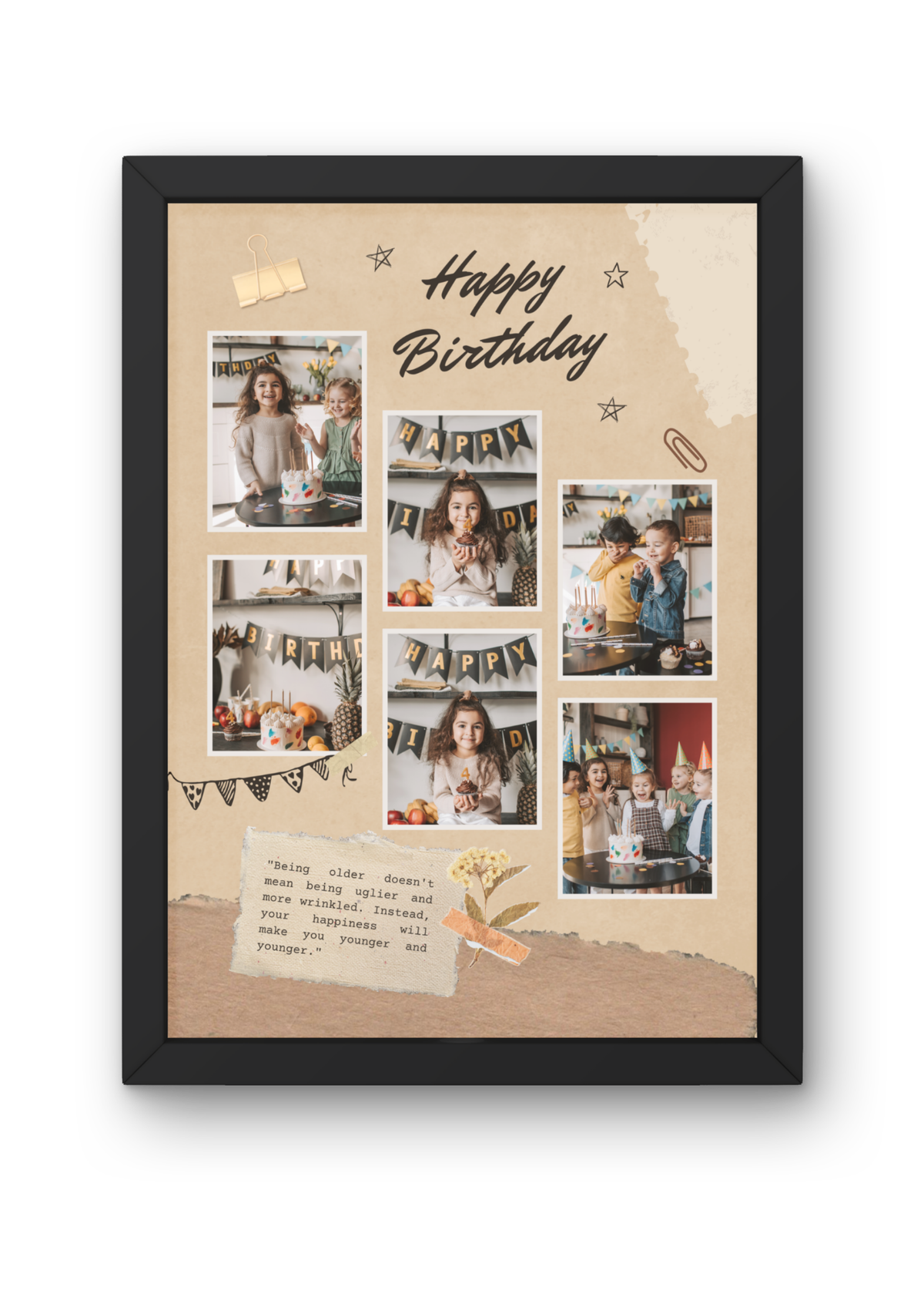 FrameYourMemories Customized Vintage Kraft Scrapbook Birthday Frame – Aesthetic 6-Photo Collage Frame with Quote (12x8 Inch, 0.5 Inch Breadth)