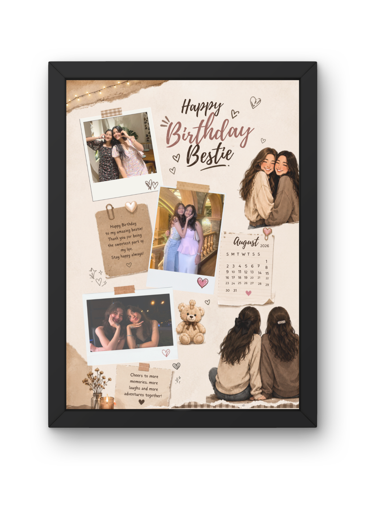 FrameYourMemories Customized Warm Scrapbook Bestie Birthday Frame – Aesthetic 3-Photo Polaroid Frame with Birthday Calendar & Illustration (12x8 Inch, 0.5 Inch Breadth)