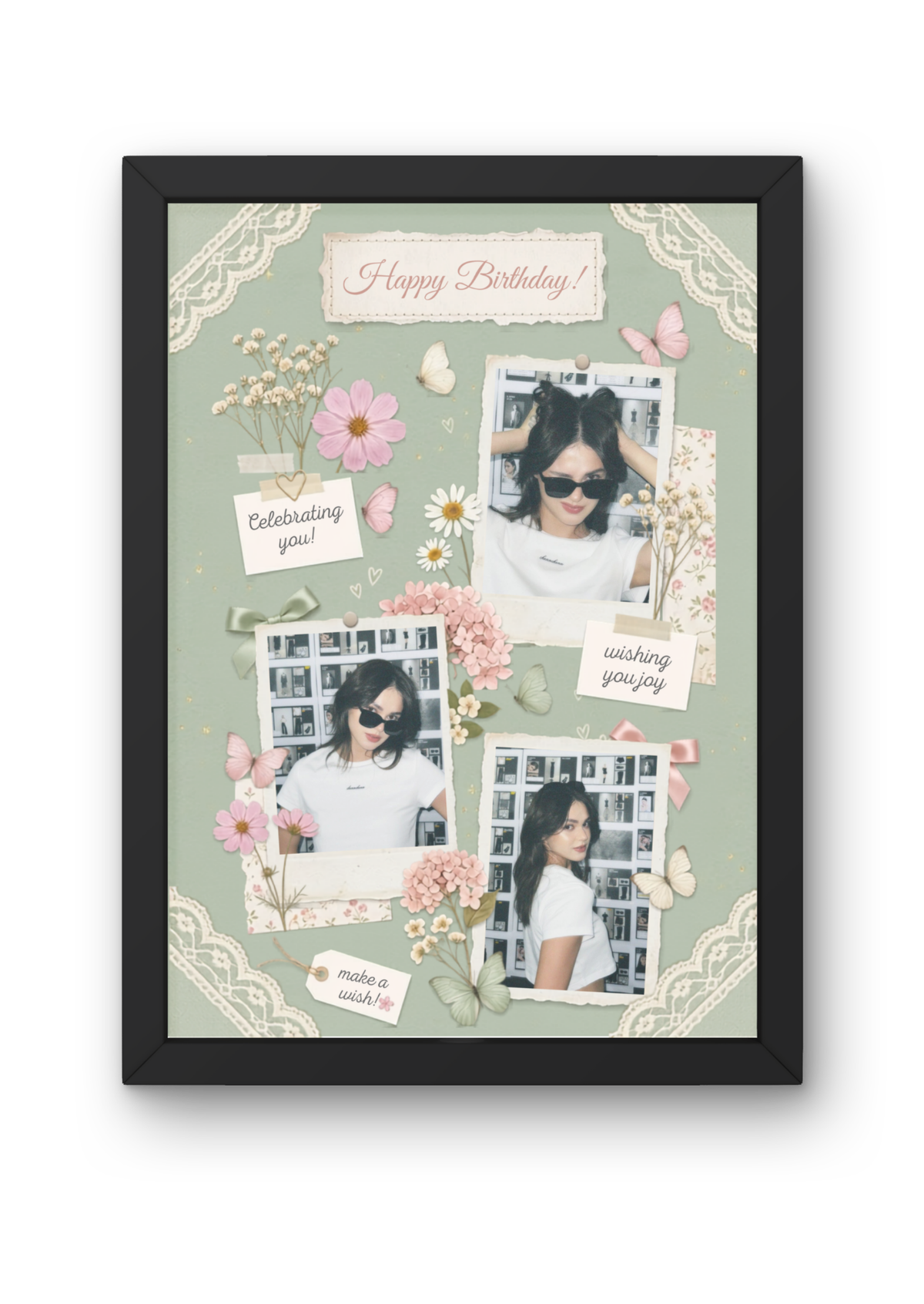 FrameYourMemories Customized Sage Green Floral Butterfly Birthday Frame – Aesthetic 3-Photo Scrapbook Collage Frame (12x8 Inch, 0.5 Inch Breadth)