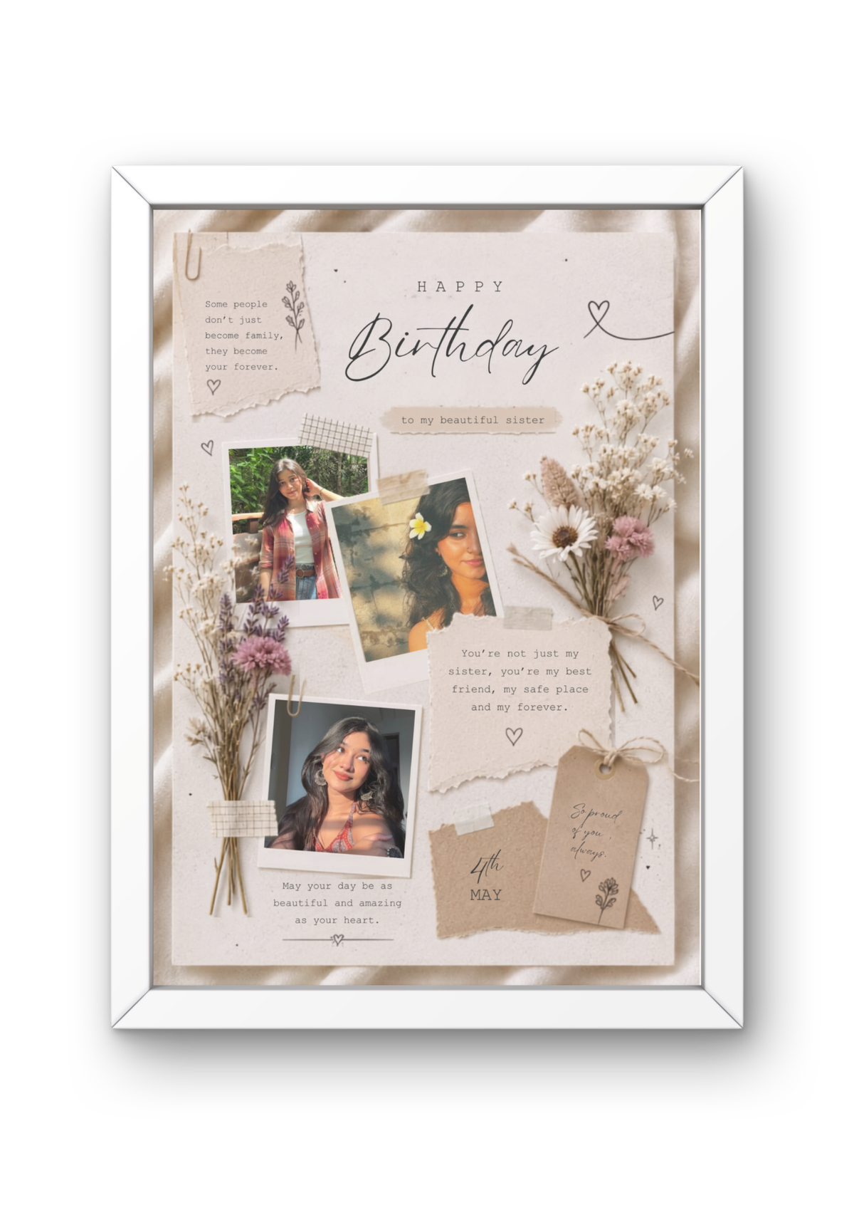 FrameYourMemories Customized Aesthetic Vintage Sister Birthday Frame – Personalized Scrapbook Photo Frame with Dried Flowers & Quotes (12x8 Inch, 0.5 Inch Breadth)