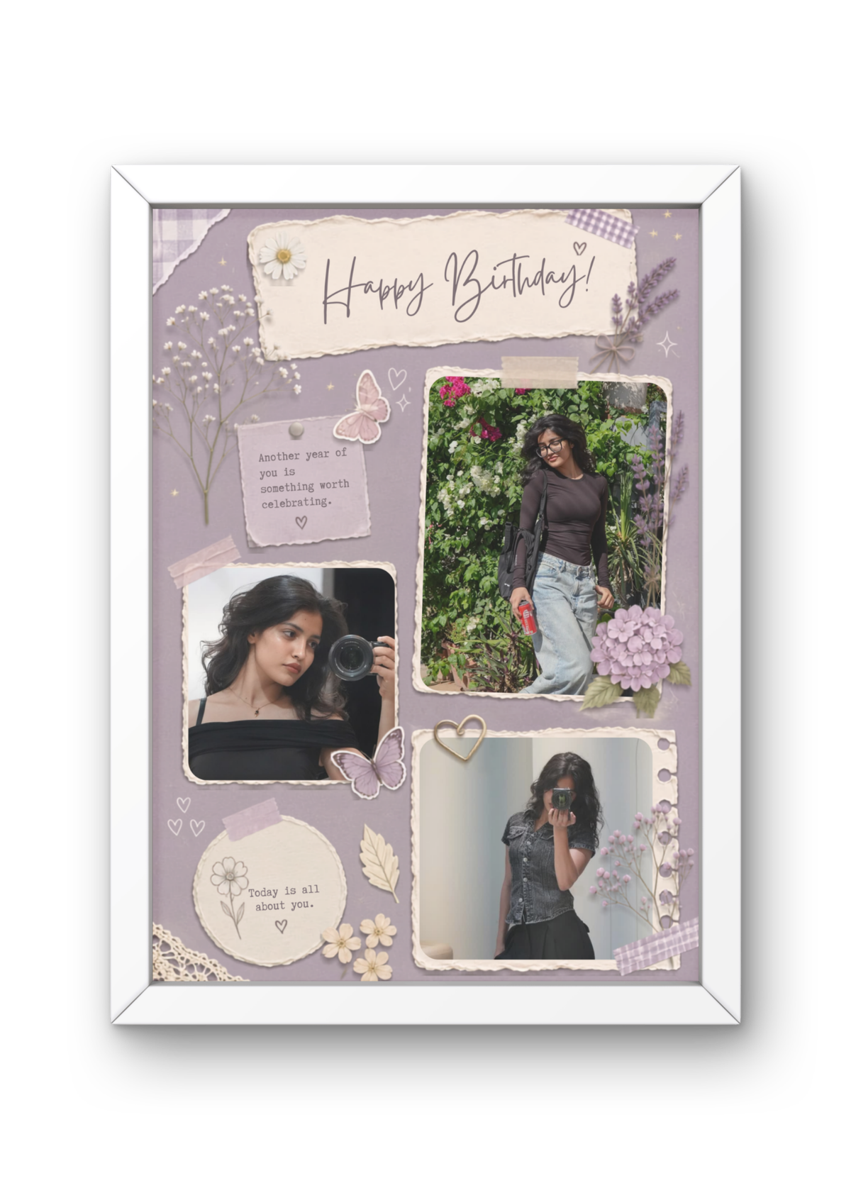 FrameYourMemories Customized Lavender Butterfly Scrapbook Birthday Frame – Aesthetic Floral Photo Collage Frame (12x8 Inch, 0.5 Inch Breadth)