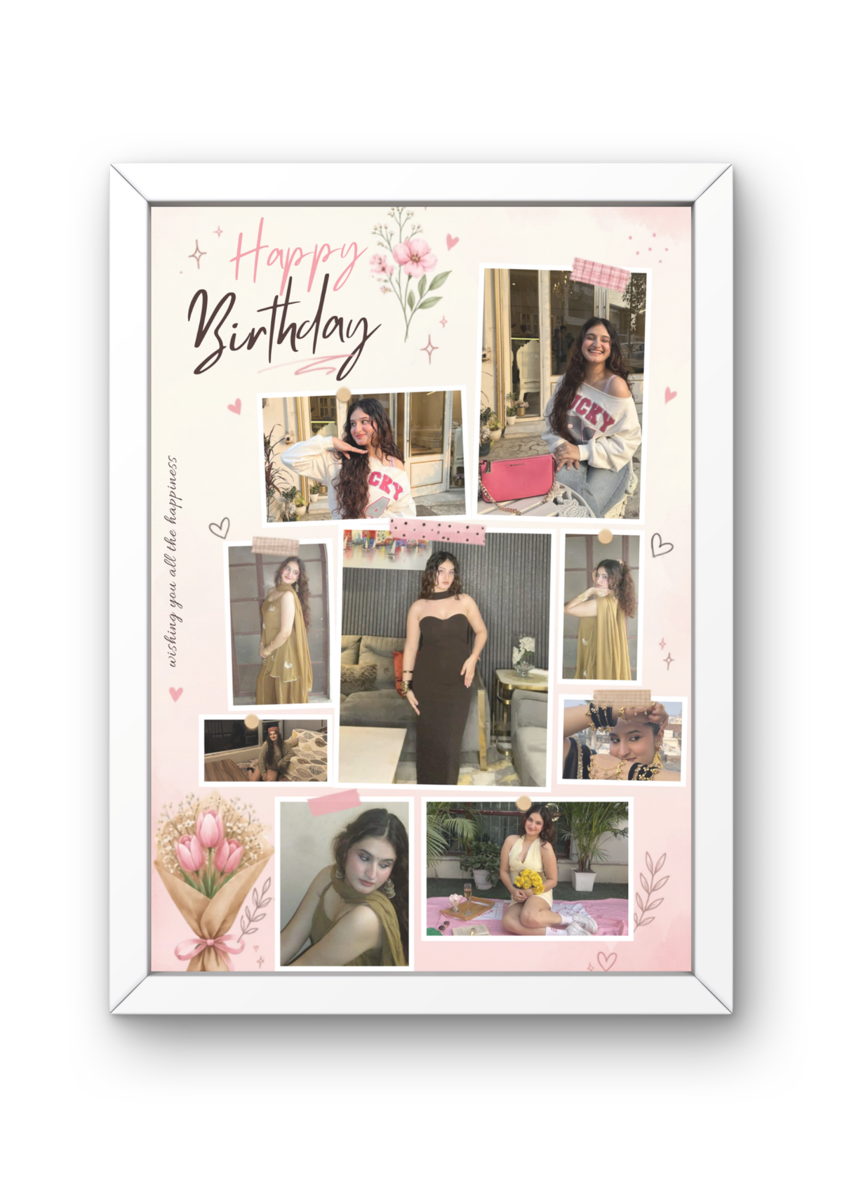 FrameYourMemories Customized Aesthetic Birthday Scrapbook Frame – 9-Photo Pink Floral Birthday Collage Frame with Celebratory Wishes (12x8 Inch, 0.5 Inch Breadth)