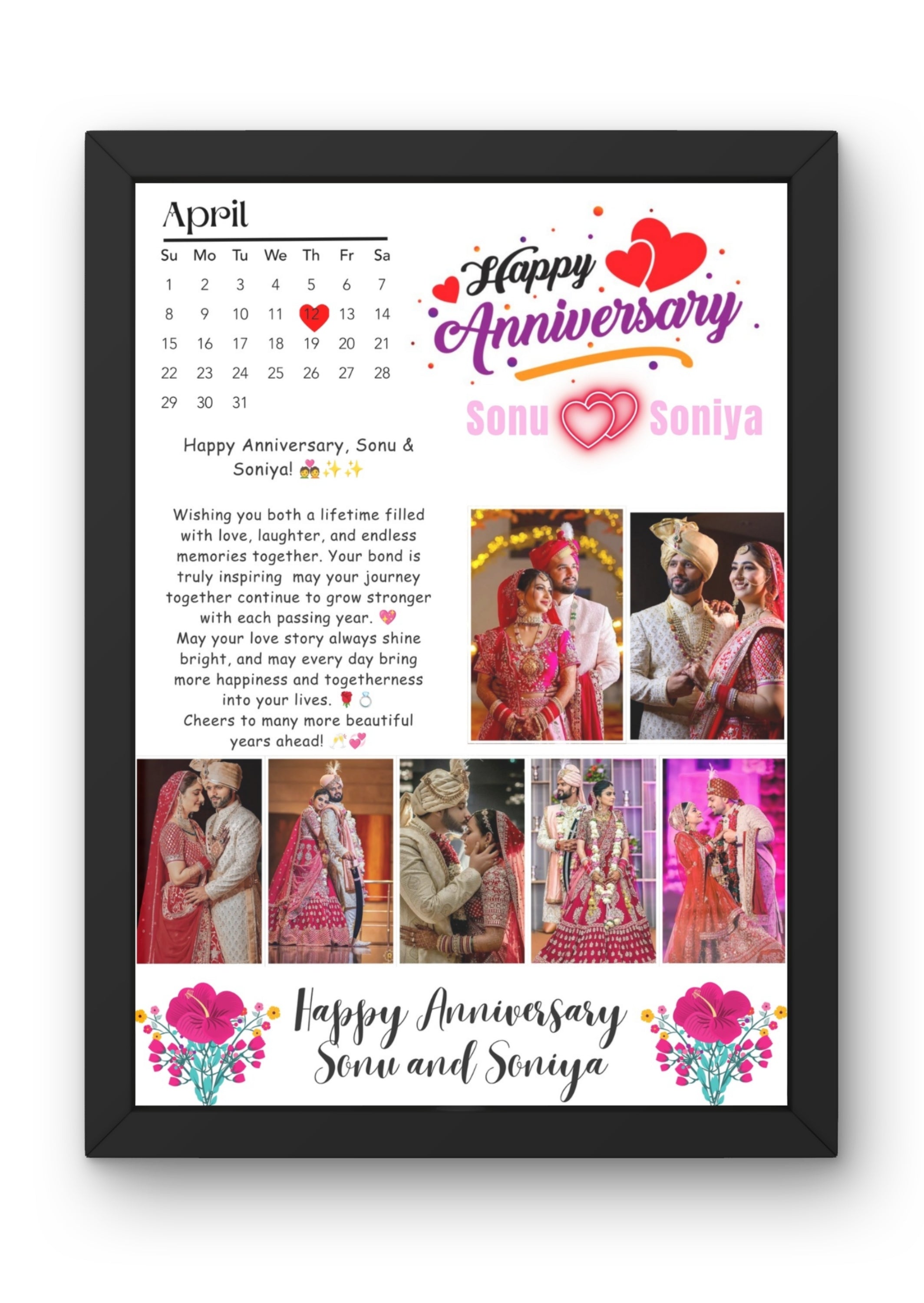 FrameYourMemories Customized Happy Anniversary Calendar Photo Frame – Personalized Couples Wedding Collage Frame (12x8 Inch, 0.5 Inch Breadth)
