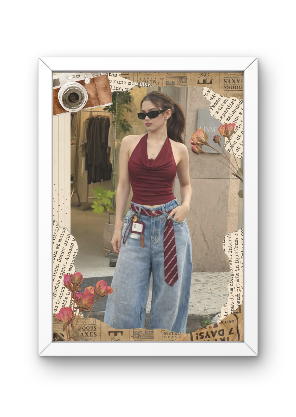 FrameYourMemories Customized Vintage Newspaper & Camera Solo Portrait Frame – Aesthetic Scrapbook Photo Frame (12x8 Inch, 0.5 Inch Breadth)