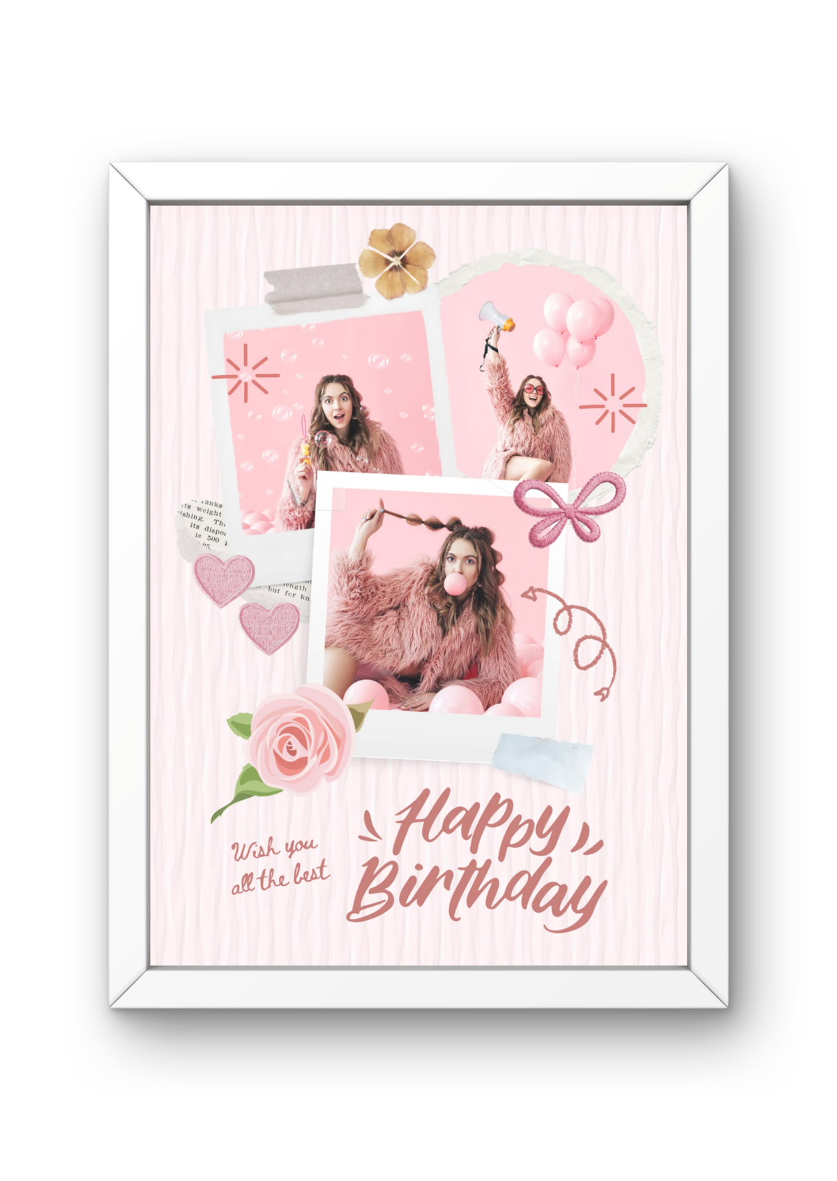 FrameYourMemories Customized Vibrant Pink Bow & Rose Birthday Frame – Aesthetic 3-Photo Scrapbook Polaroid Collage Frame (12x8 Inch, 0.5 Inch Breadth)