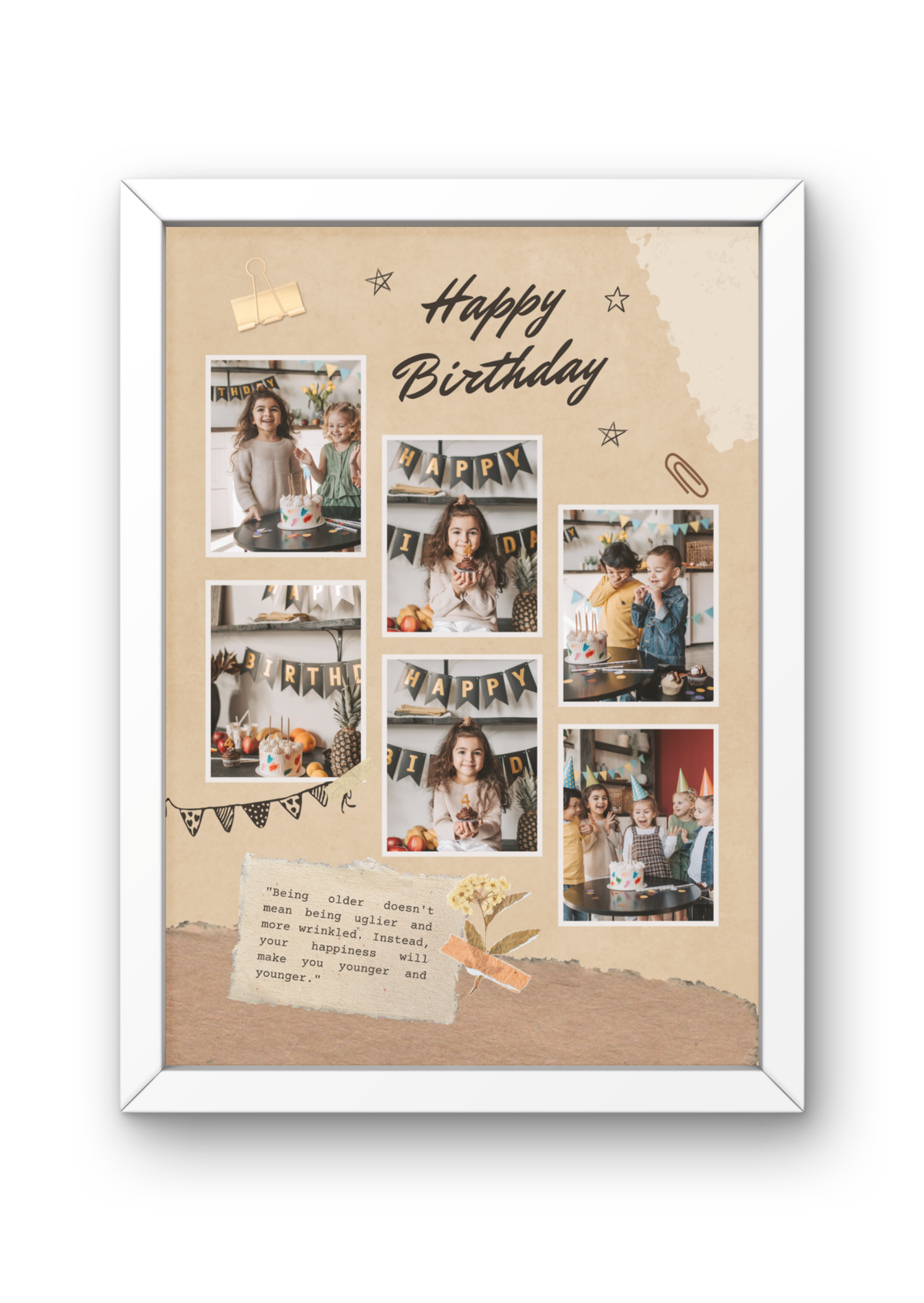 FrameYourMemories Customized Vintage Kraft Scrapbook Birthday Frame – Aesthetic 6-Photo Collage Frame with Quote (12x8 Inch, 0.5 Inch Breadth)