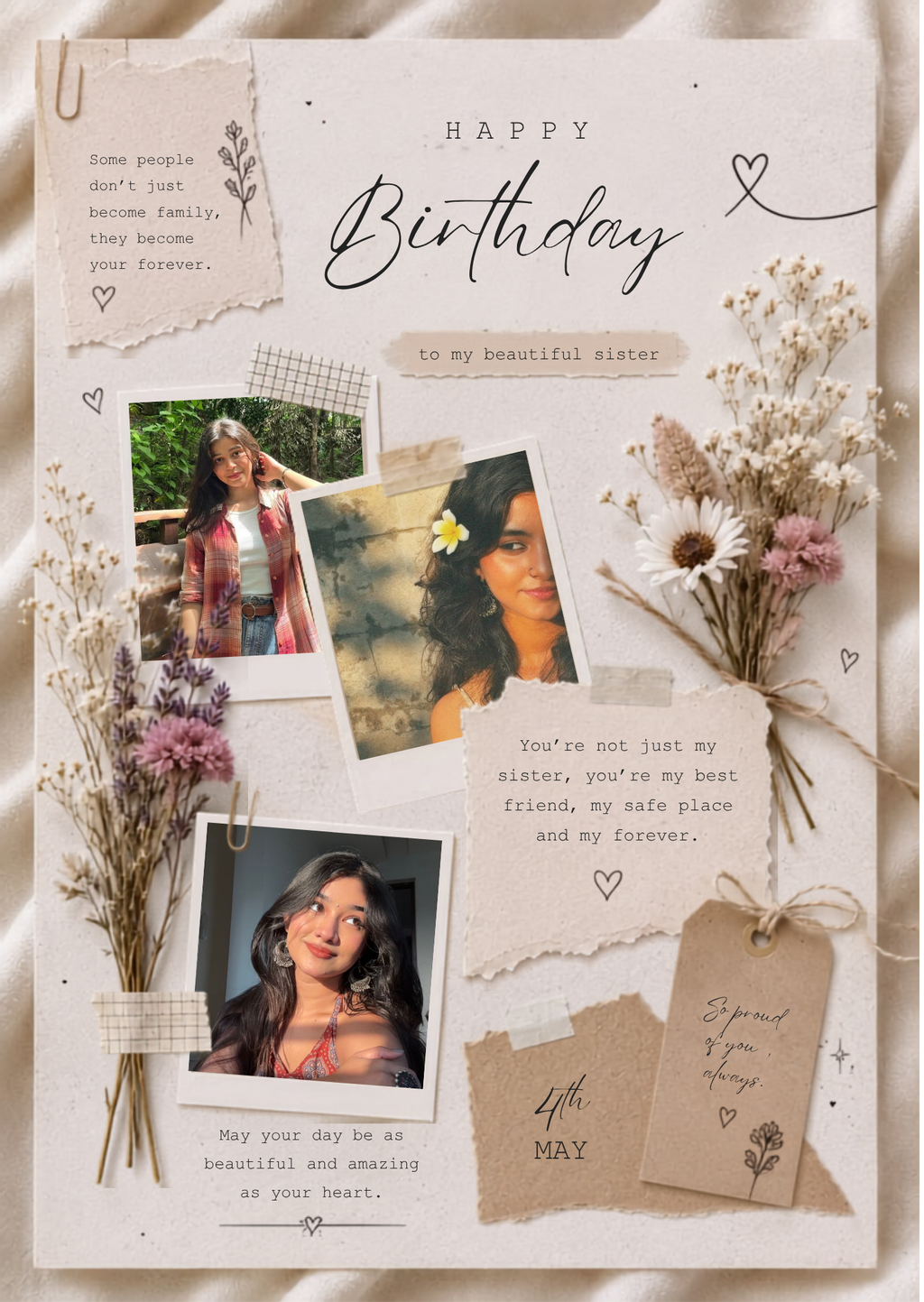 FrameYourMemories Customized Aesthetic Vintage Sister Birthday Frame – Personalized Scrapbook Photo Frame with Dried Flowers & Quotes (12x8 Inch, 0.5 Inch Breadth)