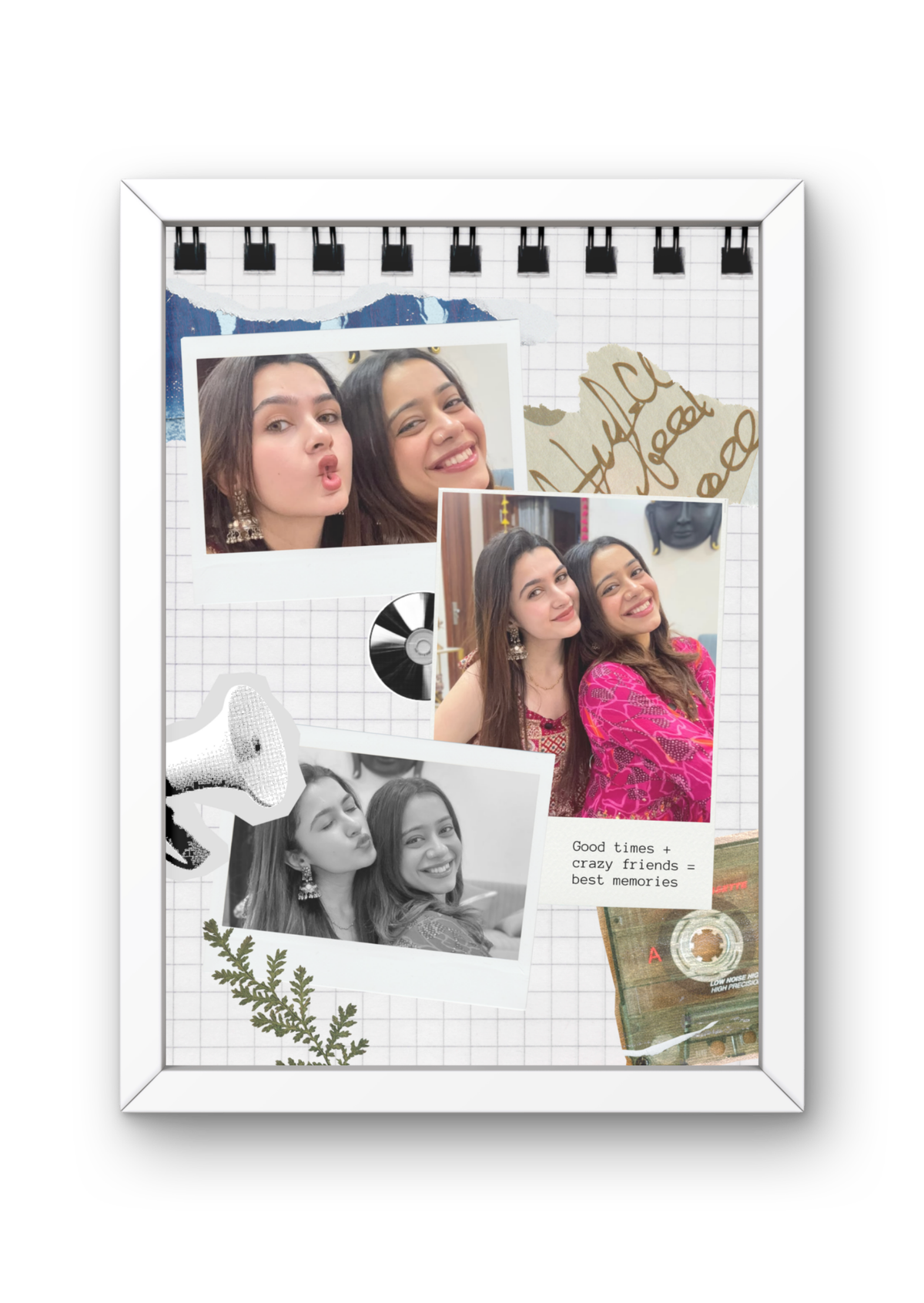 FrameYourMemories Customized Retro Spiral Journal Friendship Frame – Aesthetic 3-Photo Polaroid Collage Frame with Quote (12x8 Inch, 0.5 Inch Breadth)