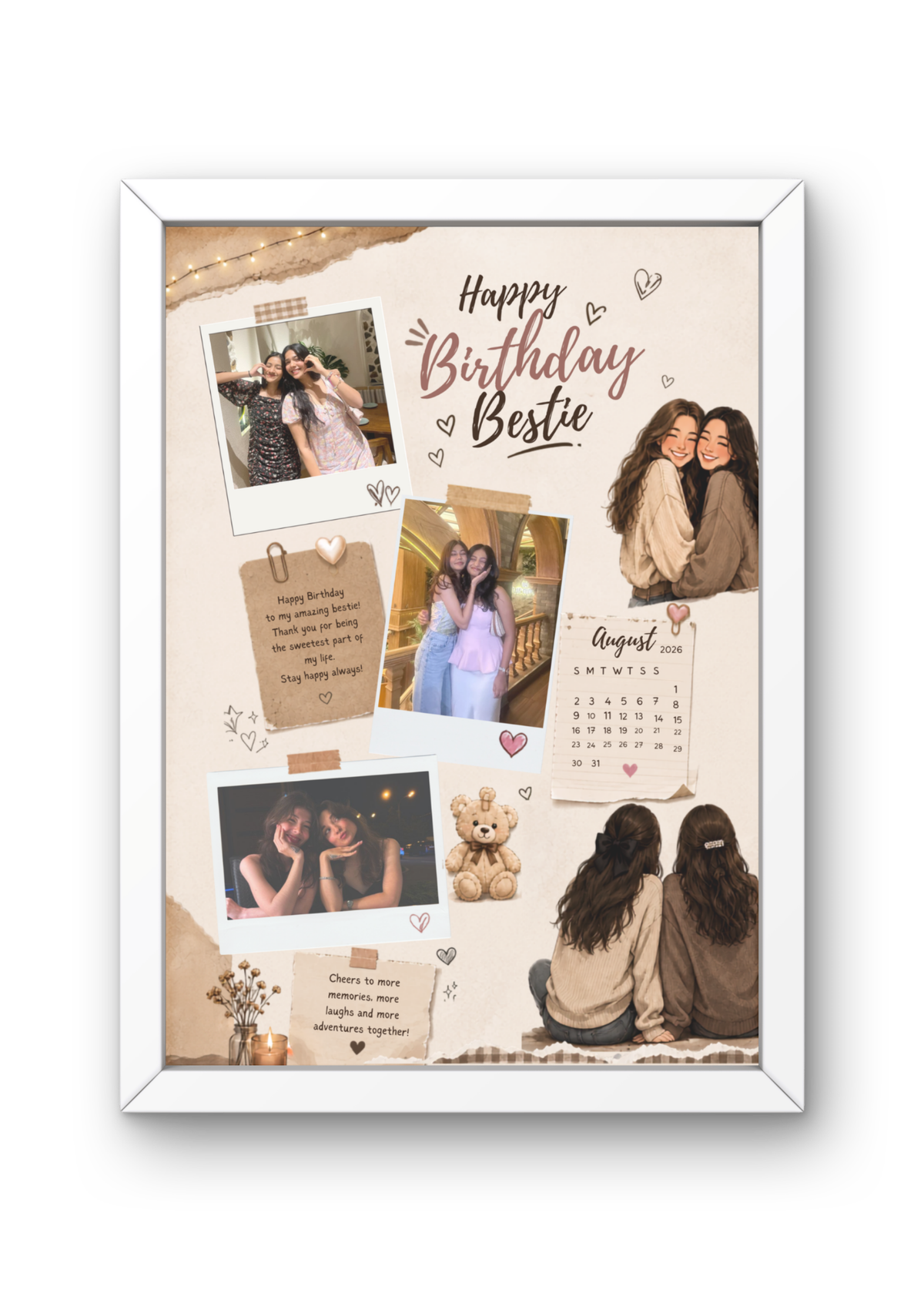 FrameYourMemories Customized Warm Scrapbook Bestie Birthday Frame – Aesthetic 3-Photo Polaroid Frame with Birthday Calendar & Illustration (12x8 Inch, 0.5 Inch Breadth)