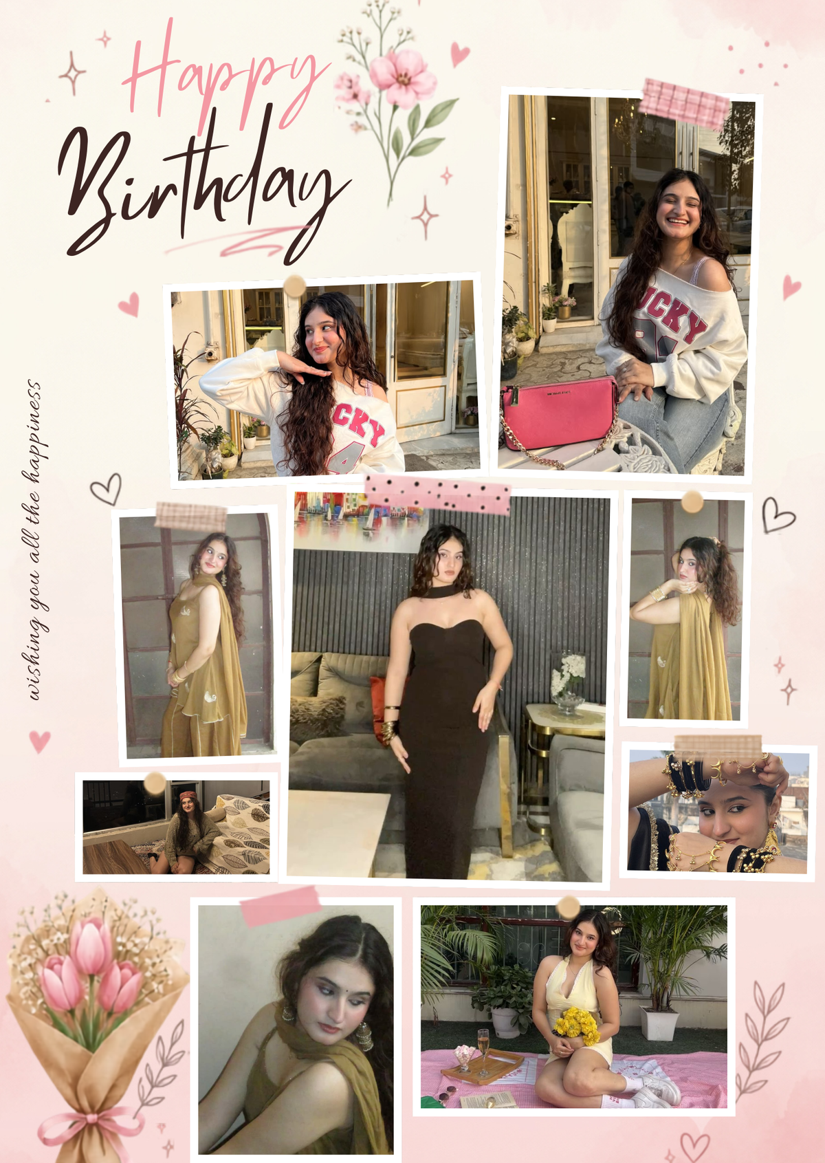 FrameYourMemories Customized Aesthetic Birthday Scrapbook Frame – 9-Photo Pink Floral Birthday Collage Frame with Celebratory Wishes (12x8 Inch, 0.5 Inch Breadth)