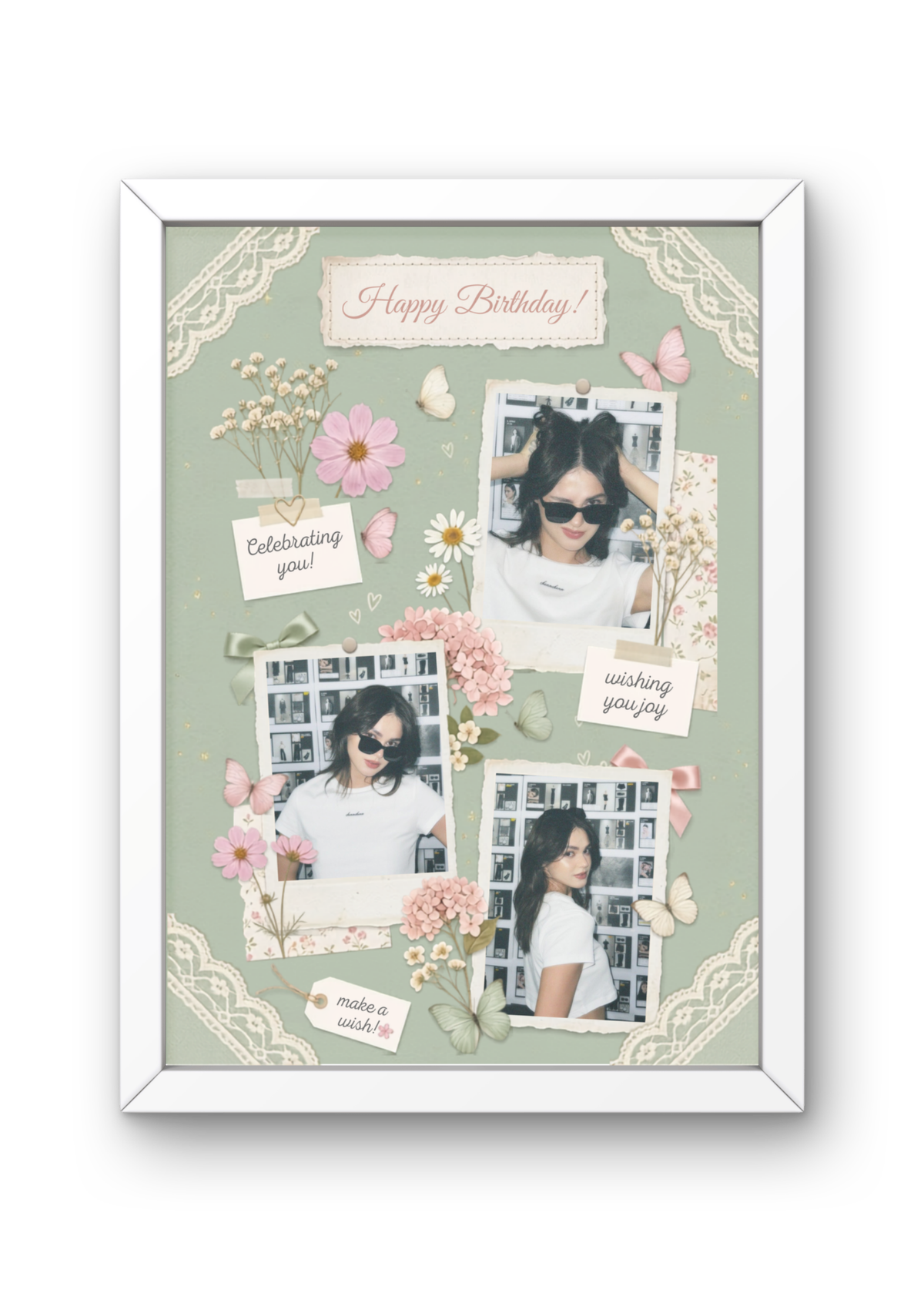FrameYourMemories Customized Sage Green Floral Butterfly Birthday Frame – Aesthetic 3-Photo Scrapbook Collage Frame (12x8 Inch, 0.5 Inch Breadth)