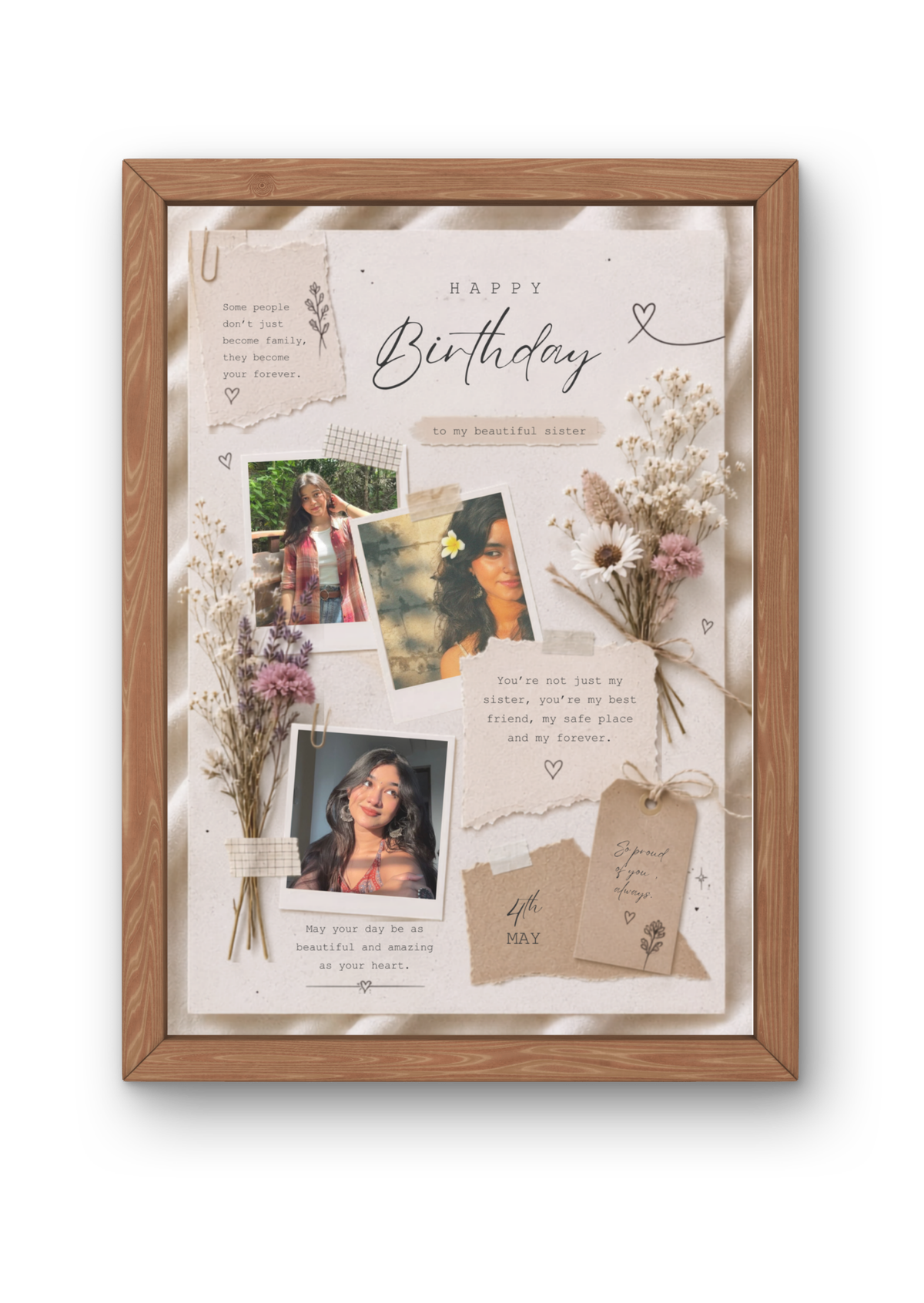 FrameYourMemories Customized Aesthetic Vintage Sister Birthday Frame – Personalized Scrapbook Photo Frame with Dried Flowers & Quotes (12x8 Inch, 0.5 Inch Breadth)