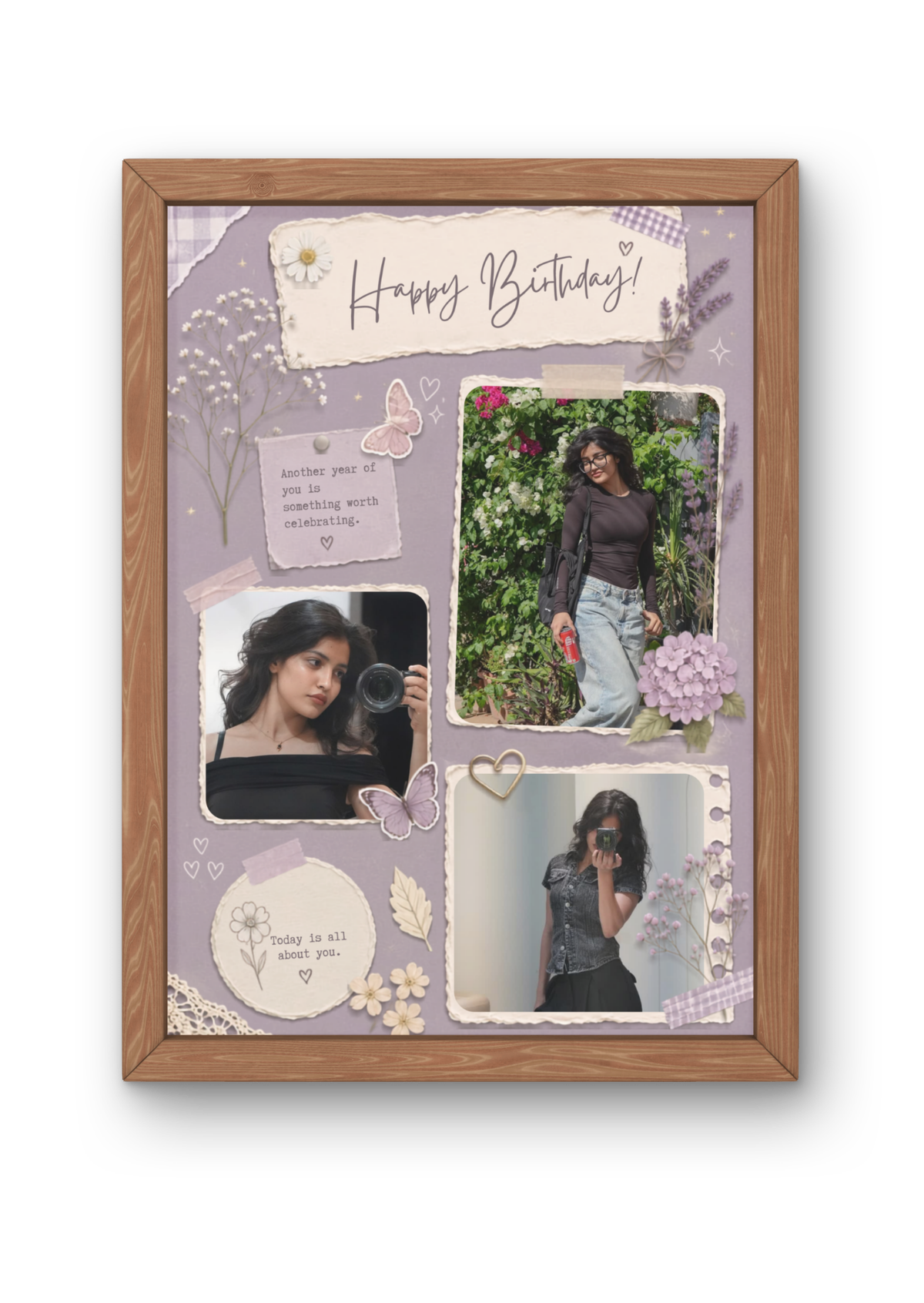 FrameYourMemories Customized Lavender Butterfly Scrapbook Birthday Frame – Aesthetic Floral Photo Collage Frame (12x8 Inch, 0.5 Inch Breadth)