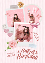 FrameYourMemories Customized Vibrant Pink Bow & Rose Birthday Frame – Aesthetic 3-Photo Scrapbook Polaroid Collage Frame (12x8 Inch, 0.5 Inch Breadth)