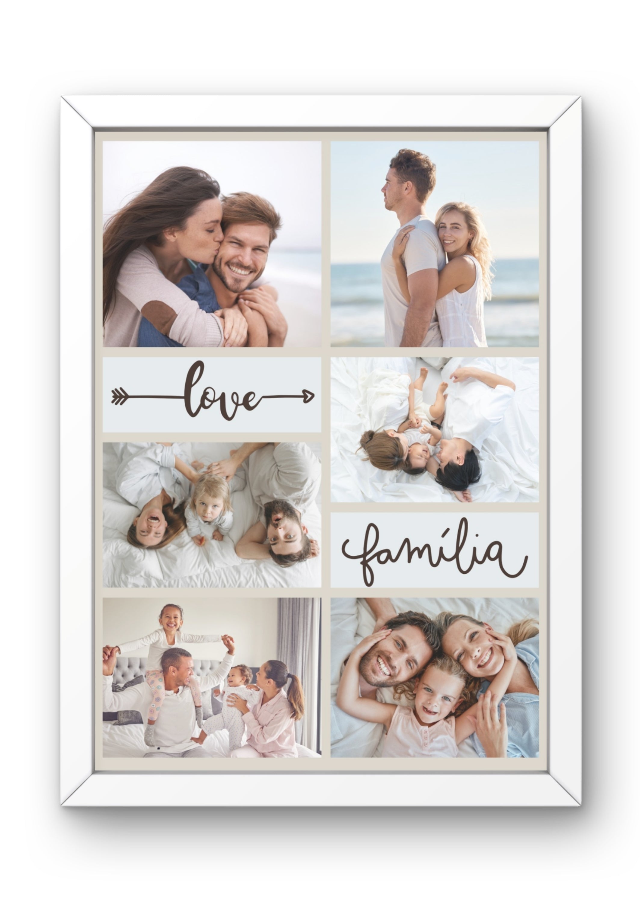 FrameYourMemories Customized 6-Photo Minimalist Family & Love Collage Frame – Personalized "Love & Família" Grid Frame (12x8 Inch, 0.5 Inch Breadth)