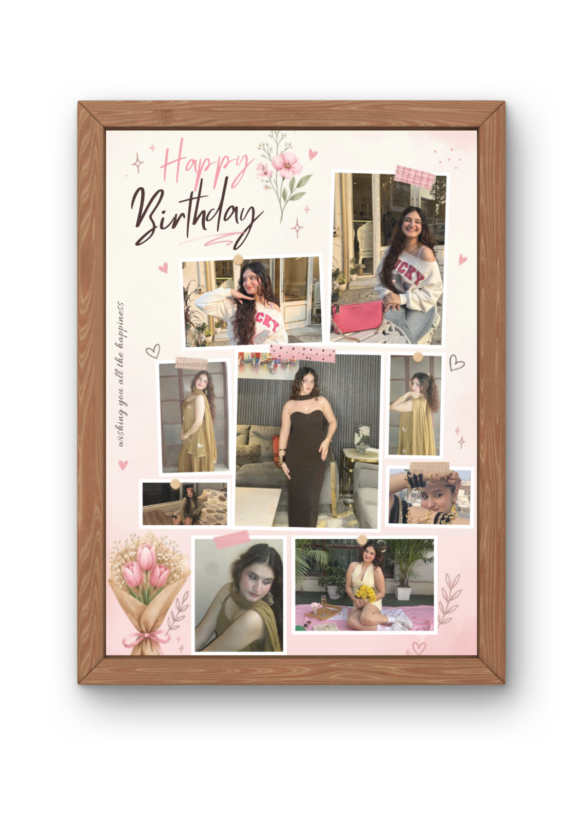FrameYourMemories Customized Aesthetic Birthday Scrapbook Frame – 9-Photo Pink Floral Birthday Collage Frame with Celebratory Wishes (12x8 Inch, 0.5 Inch Breadth)