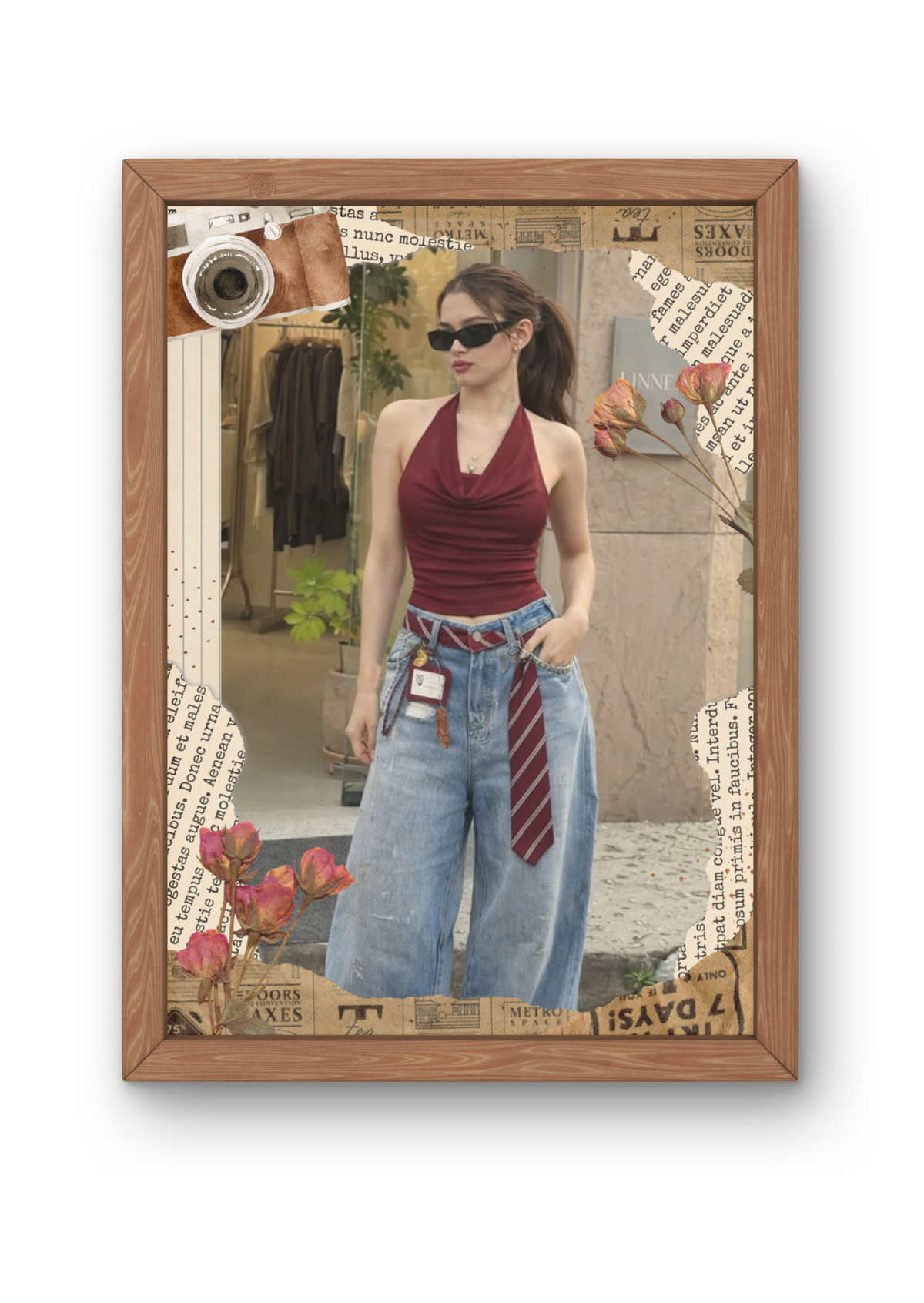 FrameYourMemories Customized Vintage Newspaper & Camera Solo Portrait Frame – Aesthetic Scrapbook Photo Frame (12x8 Inch, 0.5 Inch Breadth)