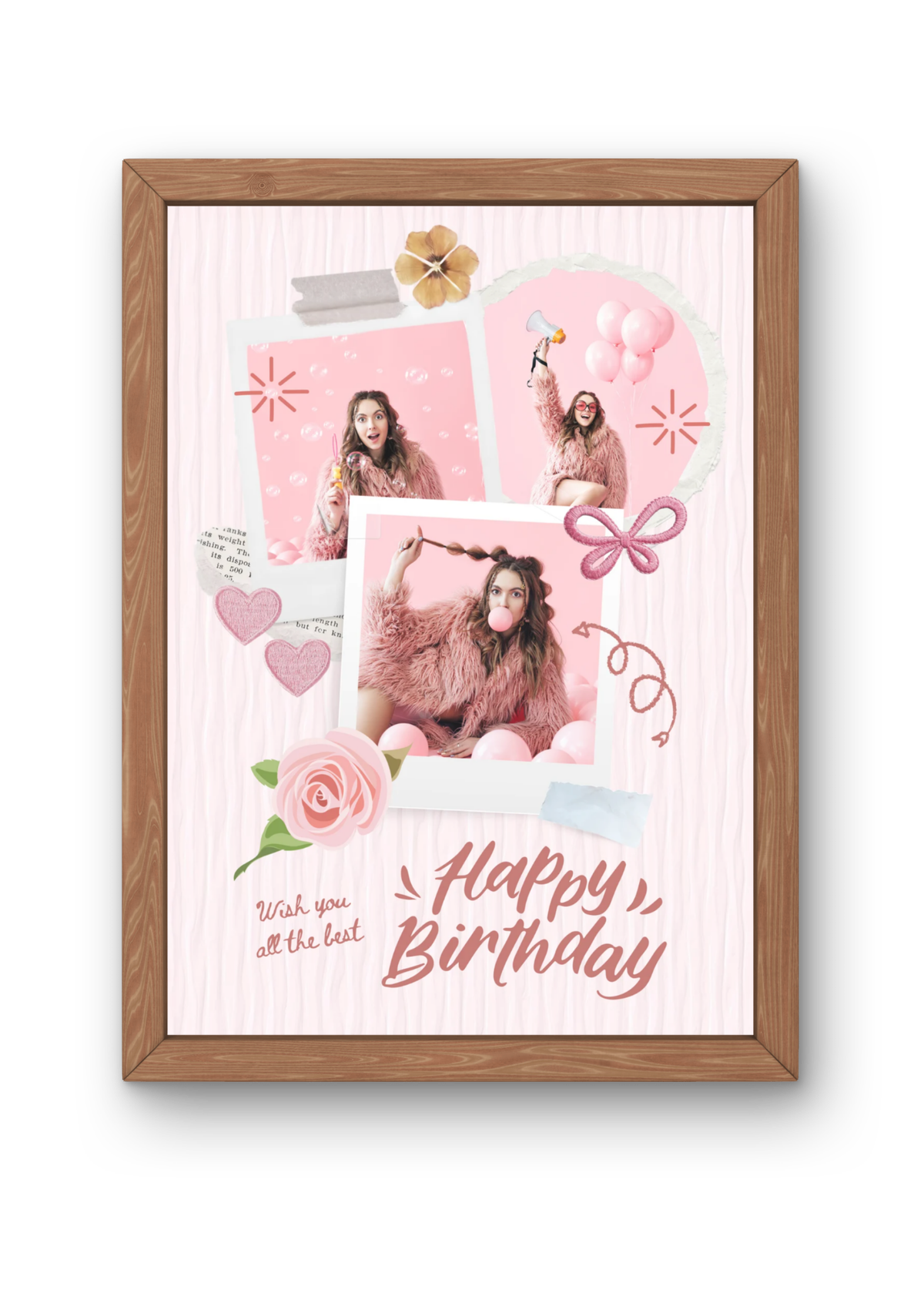 FrameYourMemories Customized Vibrant Pink Bow & Rose Birthday Frame – Aesthetic 3-Photo Scrapbook Polaroid Collage Frame (12x8 Inch, 0.5 Inch Breadth)