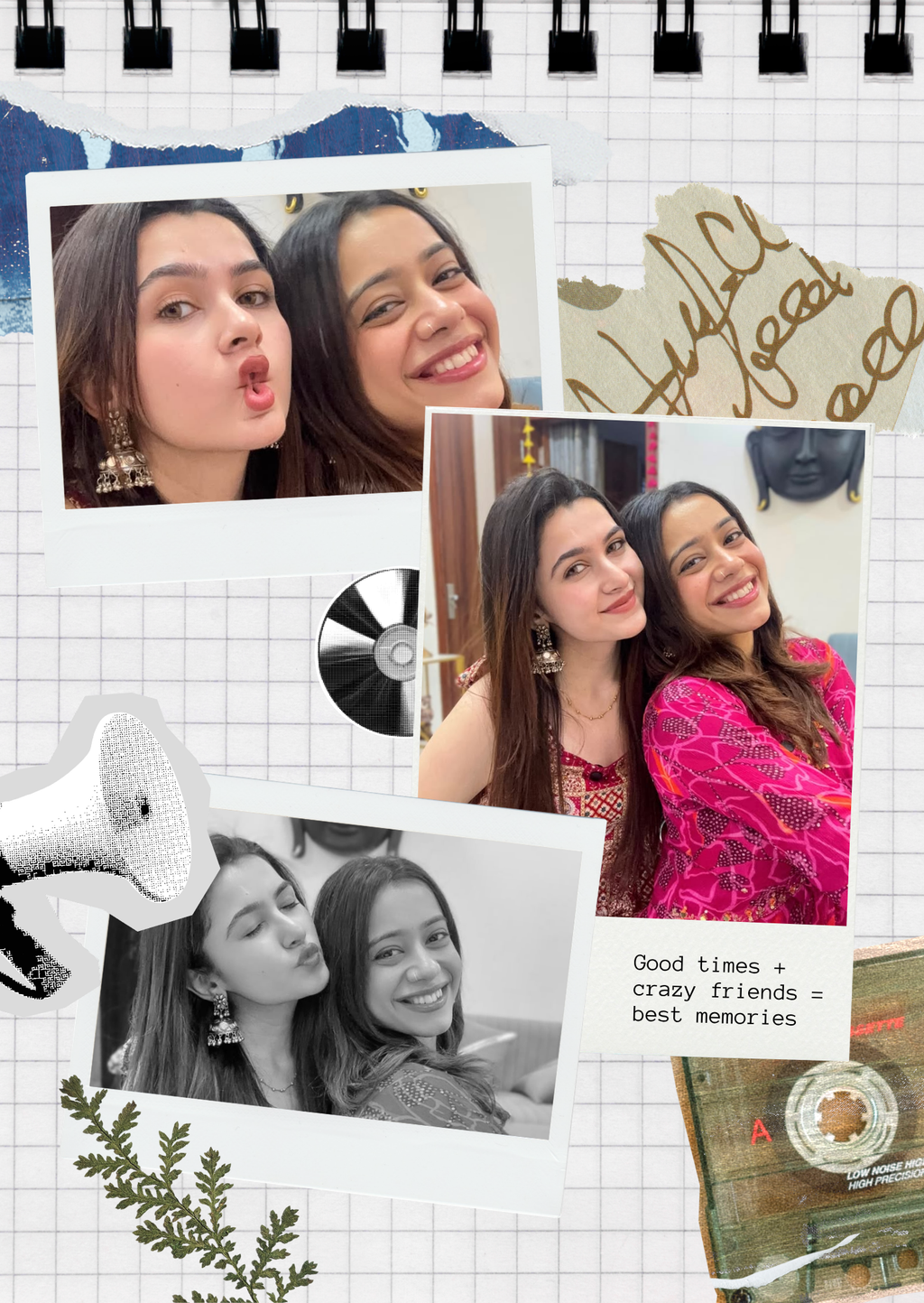 FrameYourMemories Customized Retro Spiral Journal Friendship Frame – Aesthetic 3-Photo Polaroid Collage Frame with Quote (12x8 Inch, 0.5 Inch Breadth)