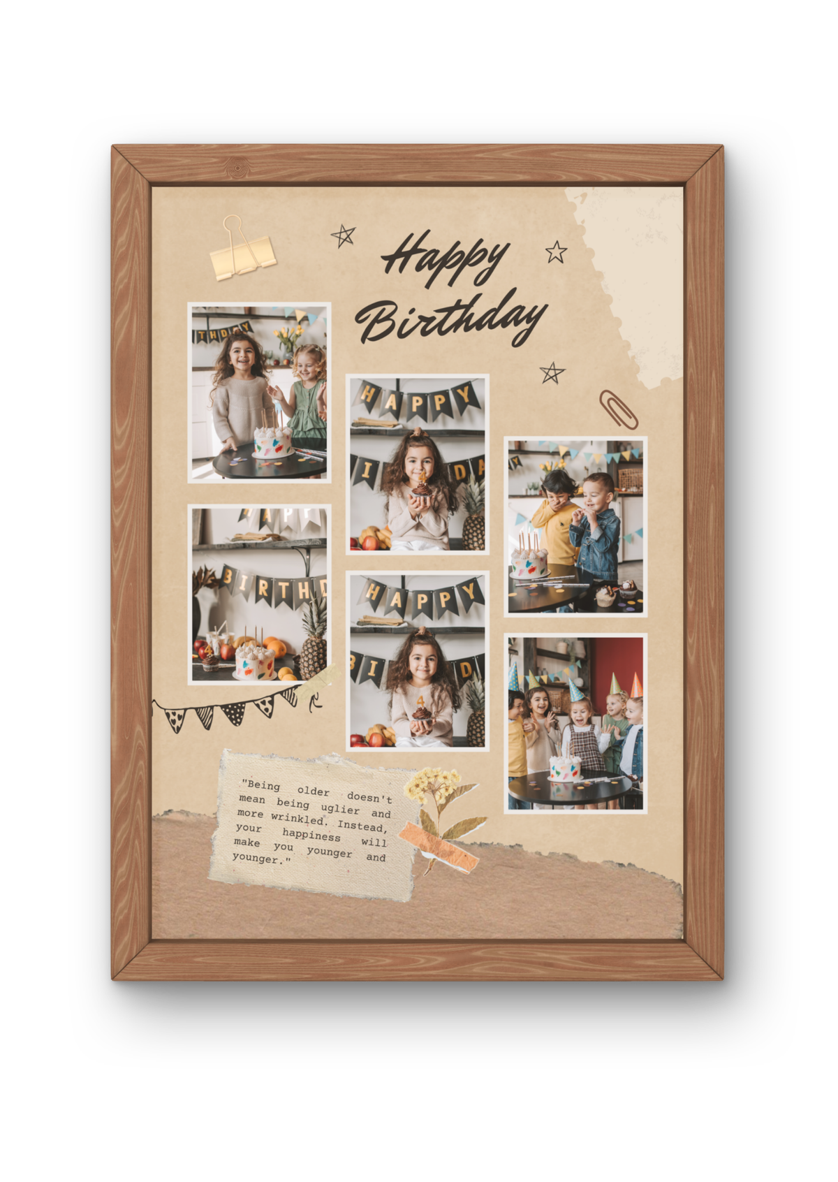 FrameYourMemories Customized Vintage Kraft Scrapbook Birthday Frame – Aesthetic 6-Photo Collage Frame with Quote (12x8 Inch, 0.5 Inch Breadth)
