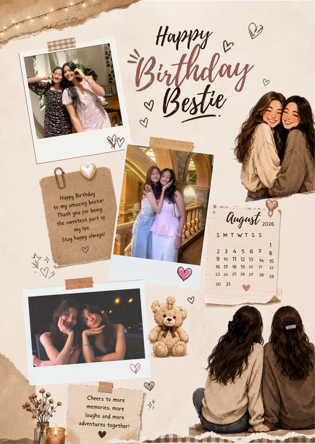 FrameYourMemories Customized Warm Scrapbook Bestie Birthday Frame – Aesthetic 3-Photo Polaroid Frame with Birthday Calendar & Illustration (12x8 Inch, 0.5 Inch Breadth)