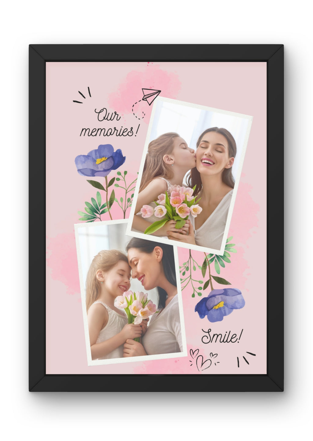 FrameYourMemories Customized Watercolor Floral Photo Frame – Personalized Mother & Daughter Collage Frame (12x8 Inch, 0.5 Inch Breadth)