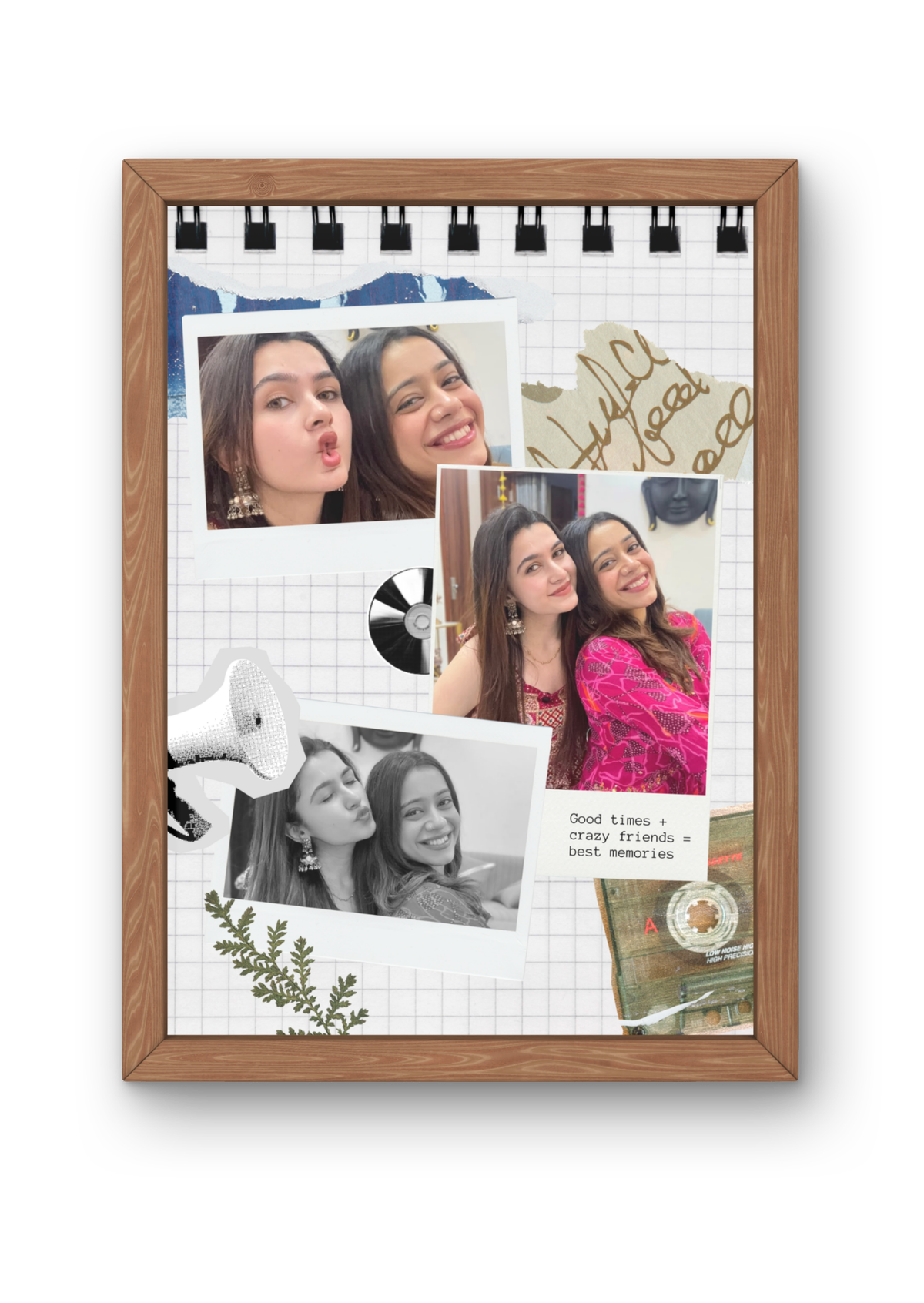 FrameYourMemories Customized Retro Spiral Journal Friendship Frame – Aesthetic 3-Photo Polaroid Collage Frame with Quote (12x8 Inch, 0.5 Inch Breadth)