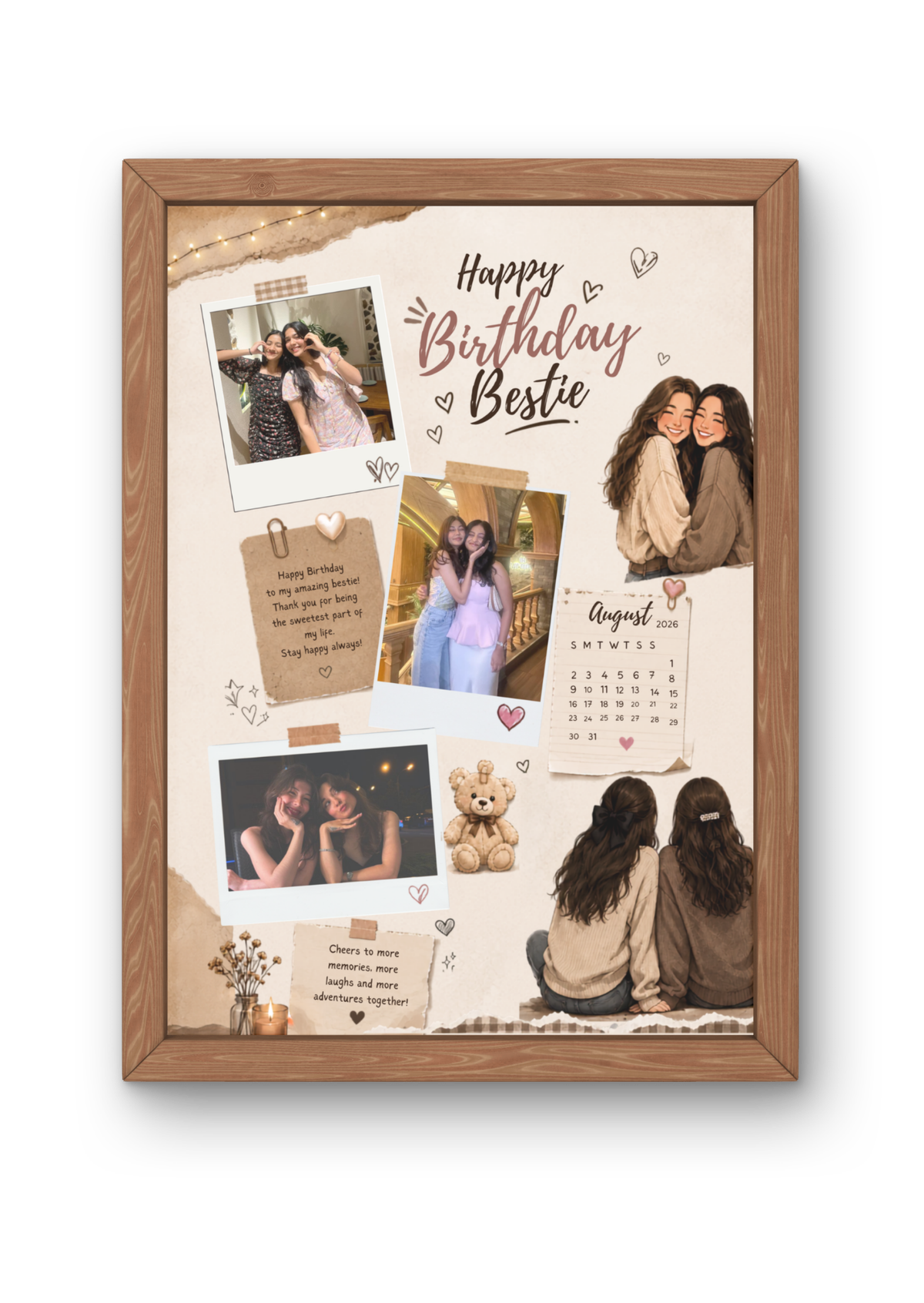 FrameYourMemories Customized Warm Scrapbook Bestie Birthday Frame – Aesthetic 3-Photo Polaroid Frame with Birthday Calendar & Illustration (12x8 Inch, 0.5 Inch Breadth)