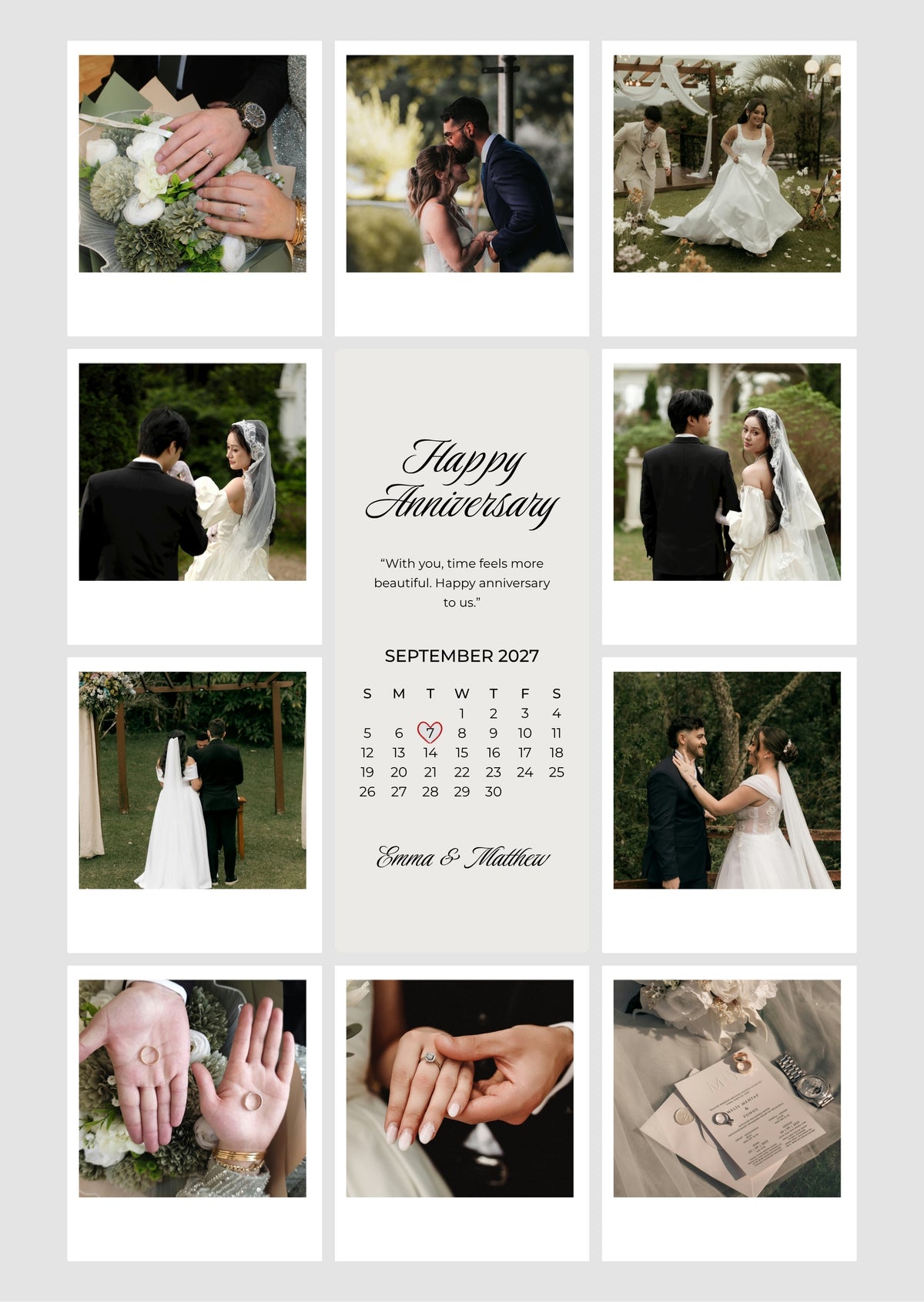 FrameYourMemories Customized Elegant Anniversary Grid Frame – Aesthetic 8-Photo Polaroid Collage Frame with Anniversary Calendar & Names (12x8 Inch, 0.5 Inch Breadth)
