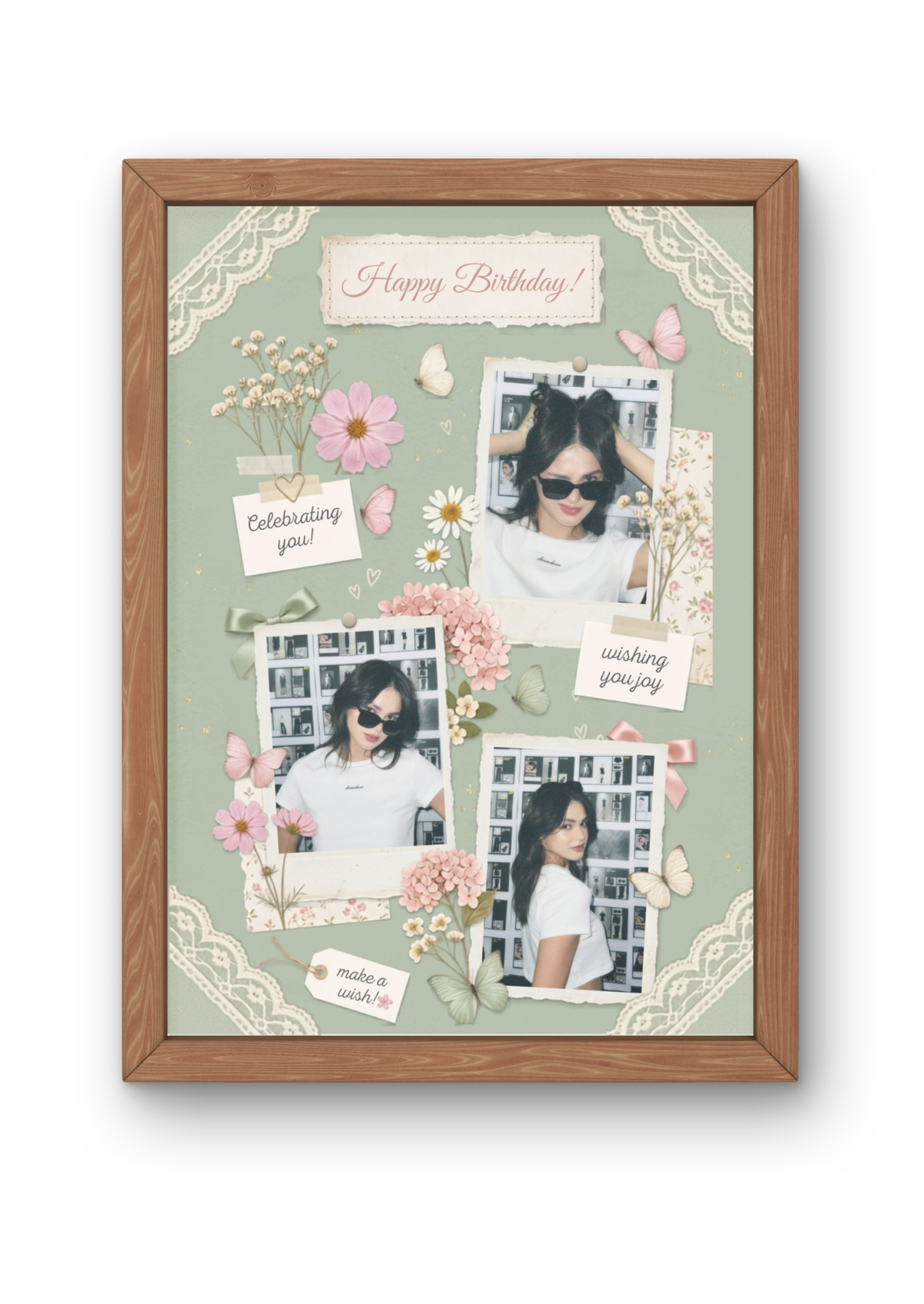 FrameYourMemories Customized Sage Green Floral Butterfly Birthday Frame – Aesthetic 3-Photo Scrapbook Collage Frame (12x8 Inch, 0.5 Inch Breadth)