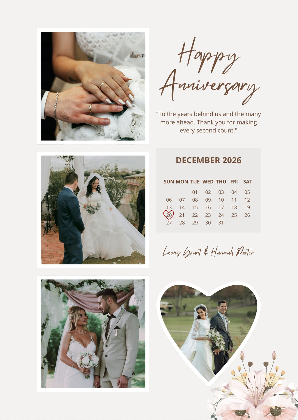FrameYourMemories Customized Romantic Floral Anniversary Frame – Aesthetic 4-Photo Collage Frame with Date Calendar & Names (12x8 Inch, 0.5 Inch Breadth)