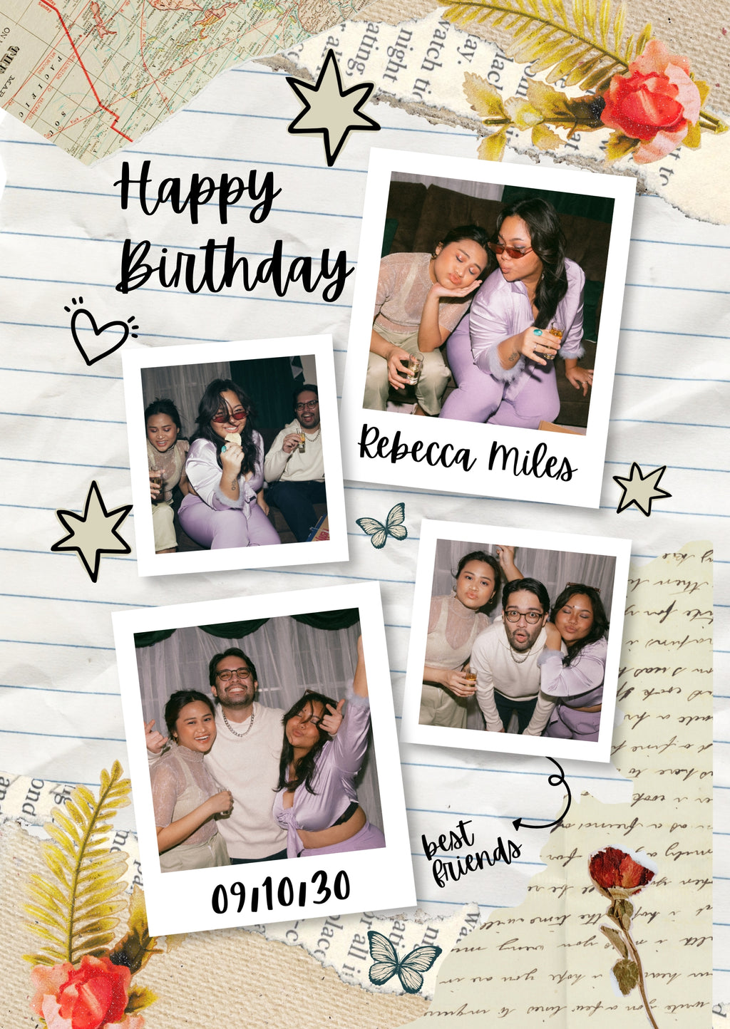 FrameYourMemories Customized Vintage Lined Journal Birthday Frame – Aesthetic 4-Photo Polaroid Collage Frame with Name & Date (12x8 Inch, 0.5 Inch Breadth)