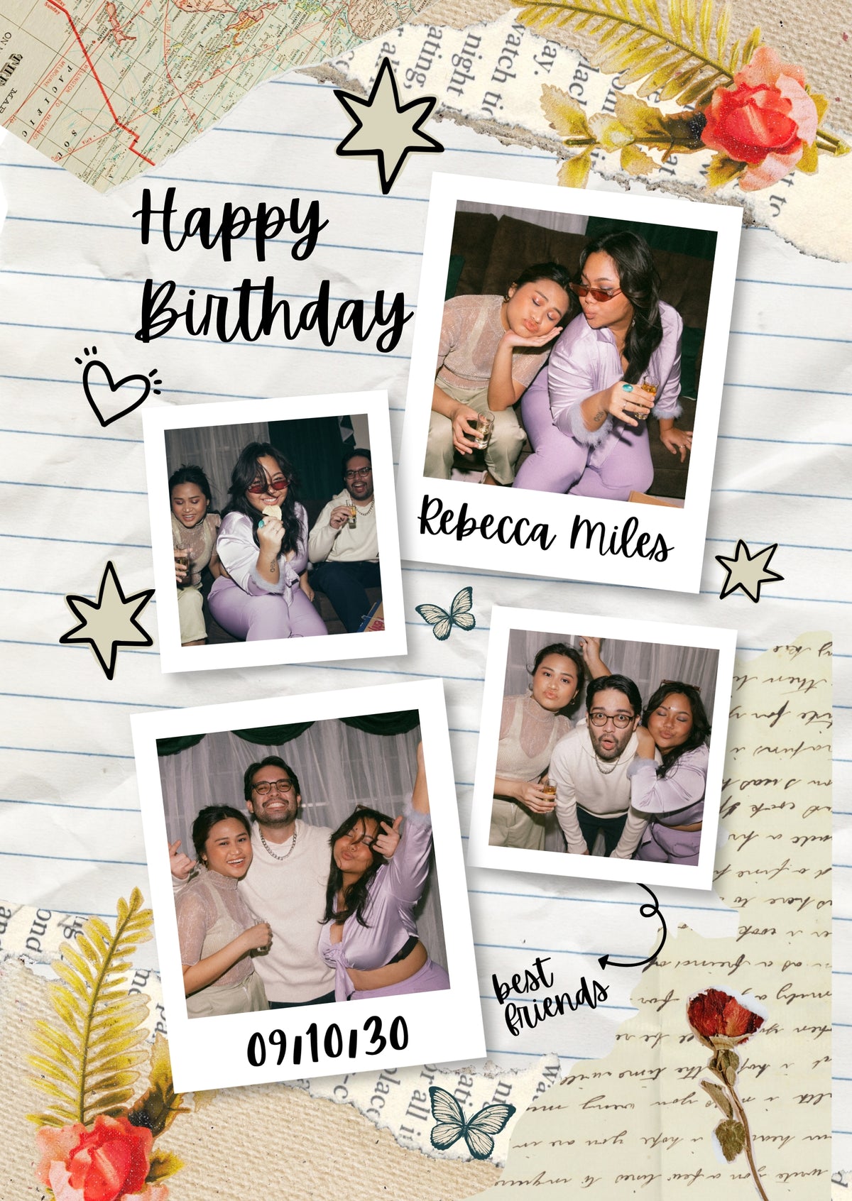 FrameYourMemories Customized Vintage Lined Journal Birthday Frame – Aesthetic 4-Photo Polaroid Collage Frame with Name & Date (12x8 Inch, 0.5 Inch Breadth)