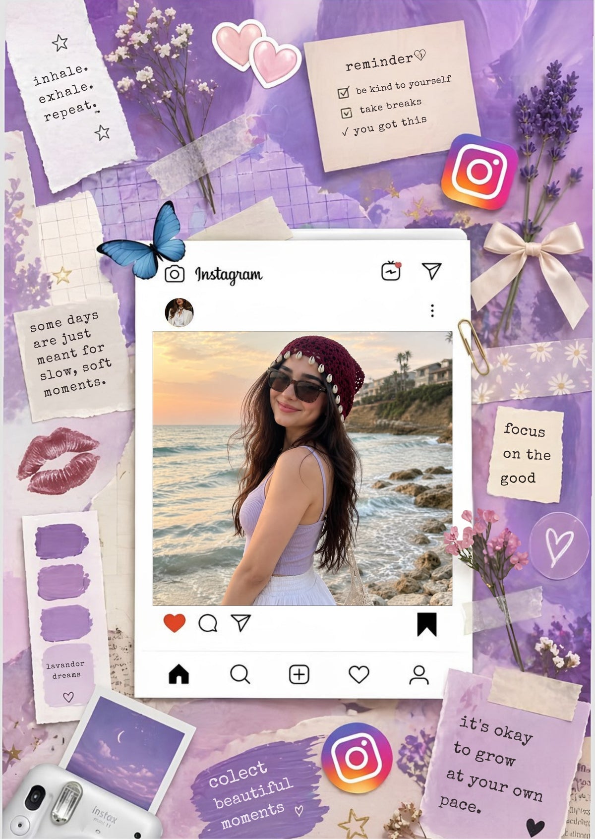 FrameYourMemories Customized Lavender Aesthetic Instagram Post Frame – Solo Portrait Scrapbook Frame with Positive Quotes (12x8 Inch, 0.5 Inch Breadth)