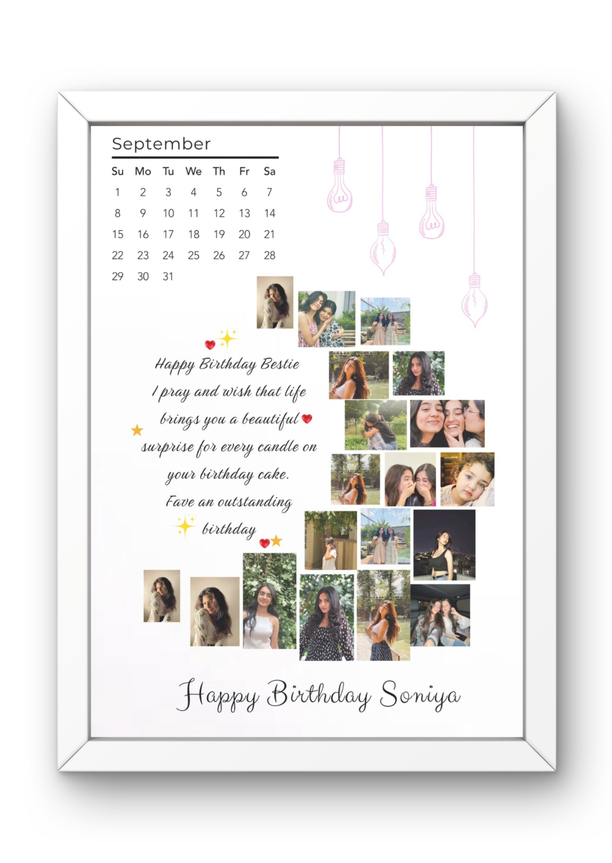 FrameYourMemories Customized Minimalist White Birthday Calendar Frame – Personalized Photo Collage Gift (12x8 Inch, 0.5 Inch Breadth)