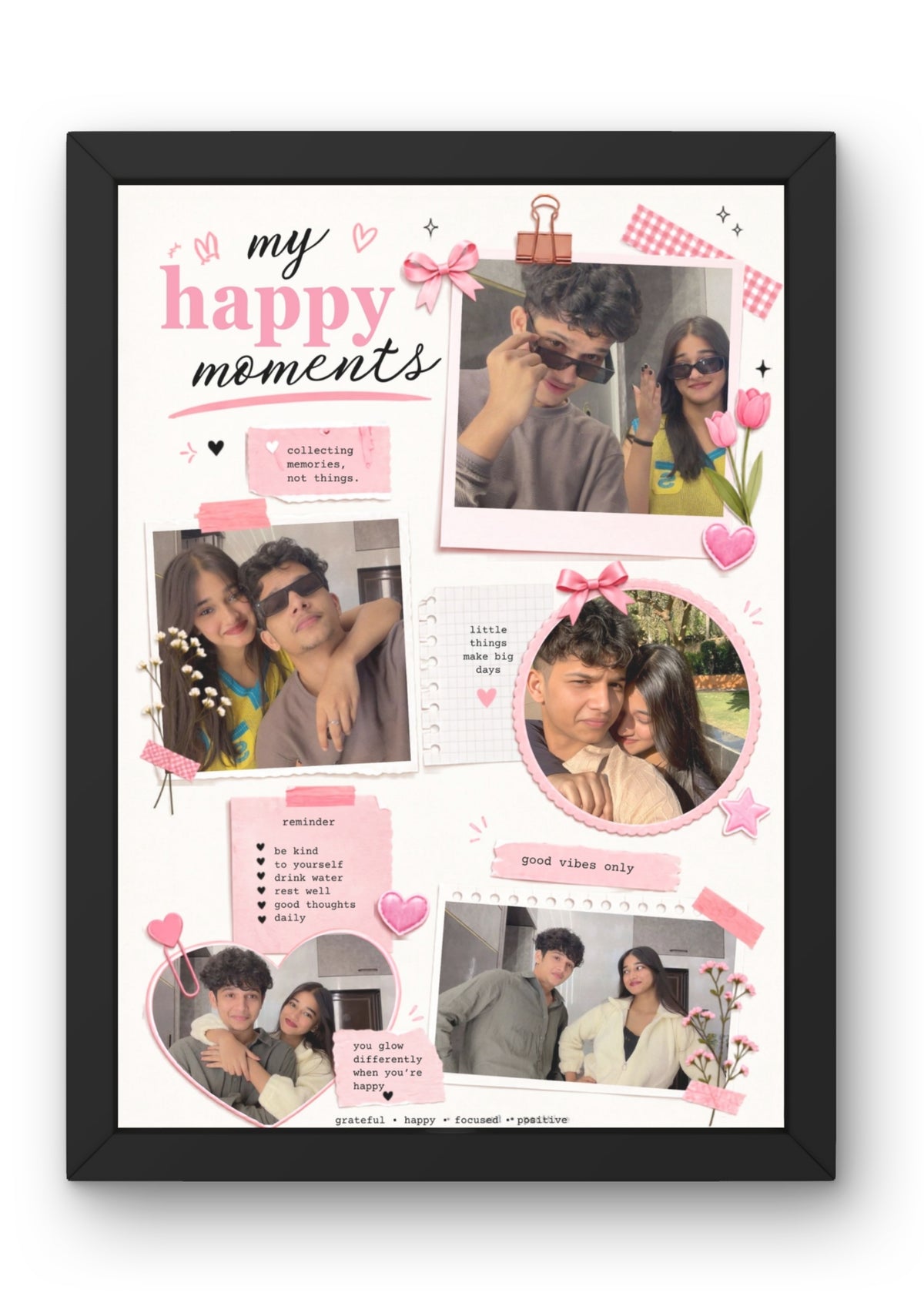 FrameYourMemories Customized "My Happy Moments" Pink Scrapbook Frame – Aesthetic 4-Photo Couple/Friends Collage Frame with Positive Reminders (12x8 Inch, 0.5 Inch Breadth)