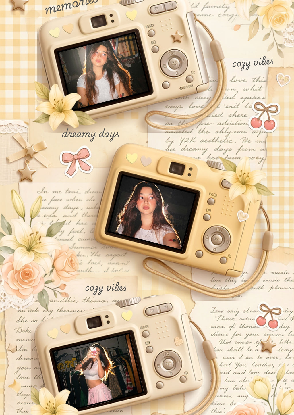 FrameYourMemories Customized Coquette Camera Collage Frame – Vintage Beige Aesthetic 3-Photo Scrapbook Frame (12x8 Inch, 0.5 Inch Breadth)