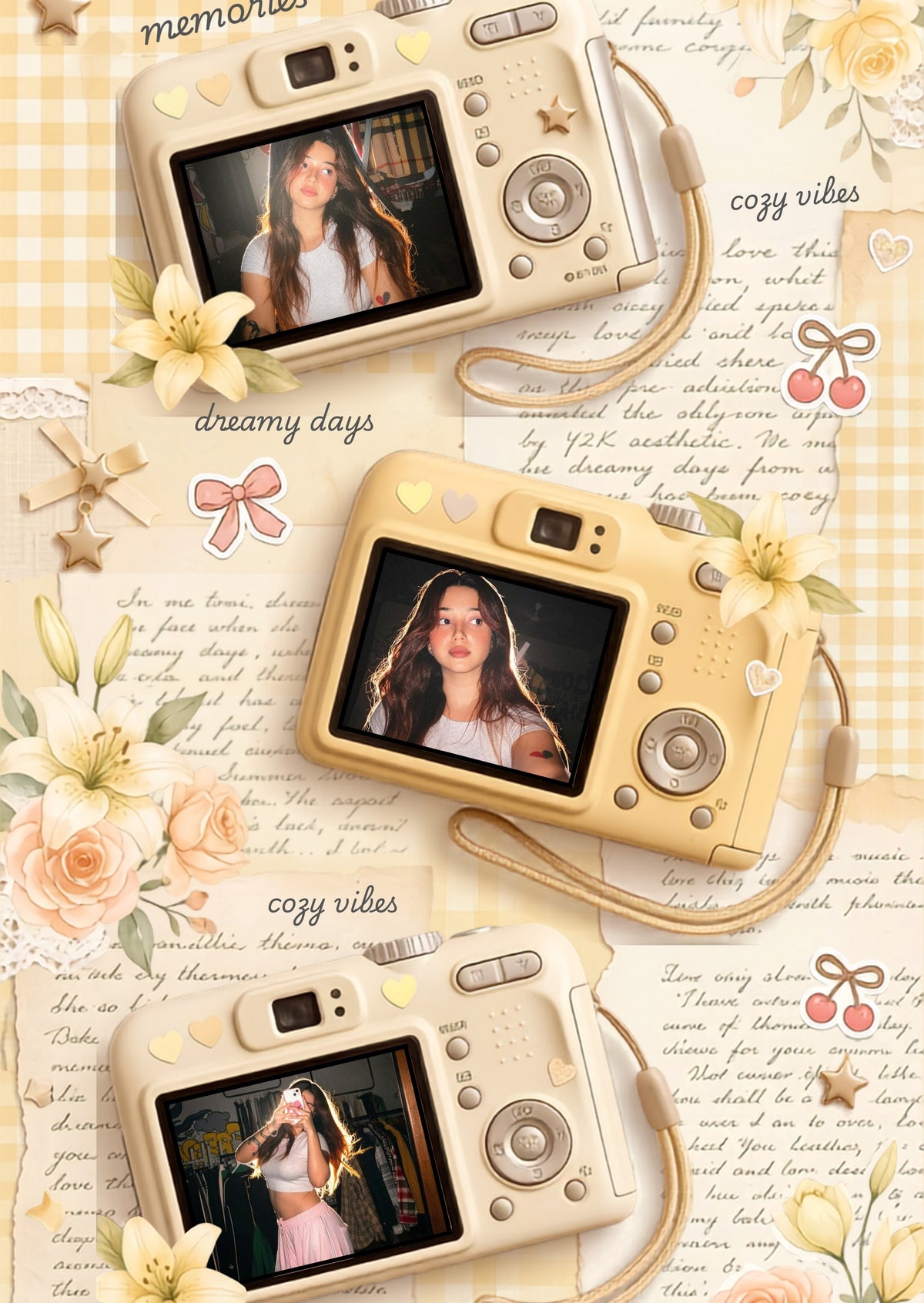 FrameYourMemories Customized Coquette Camera Collage Frame – Vintage Beige Aesthetic 3-Photo Scrapbook Frame (12x8 Inch, 0.5 Inch Breadth)