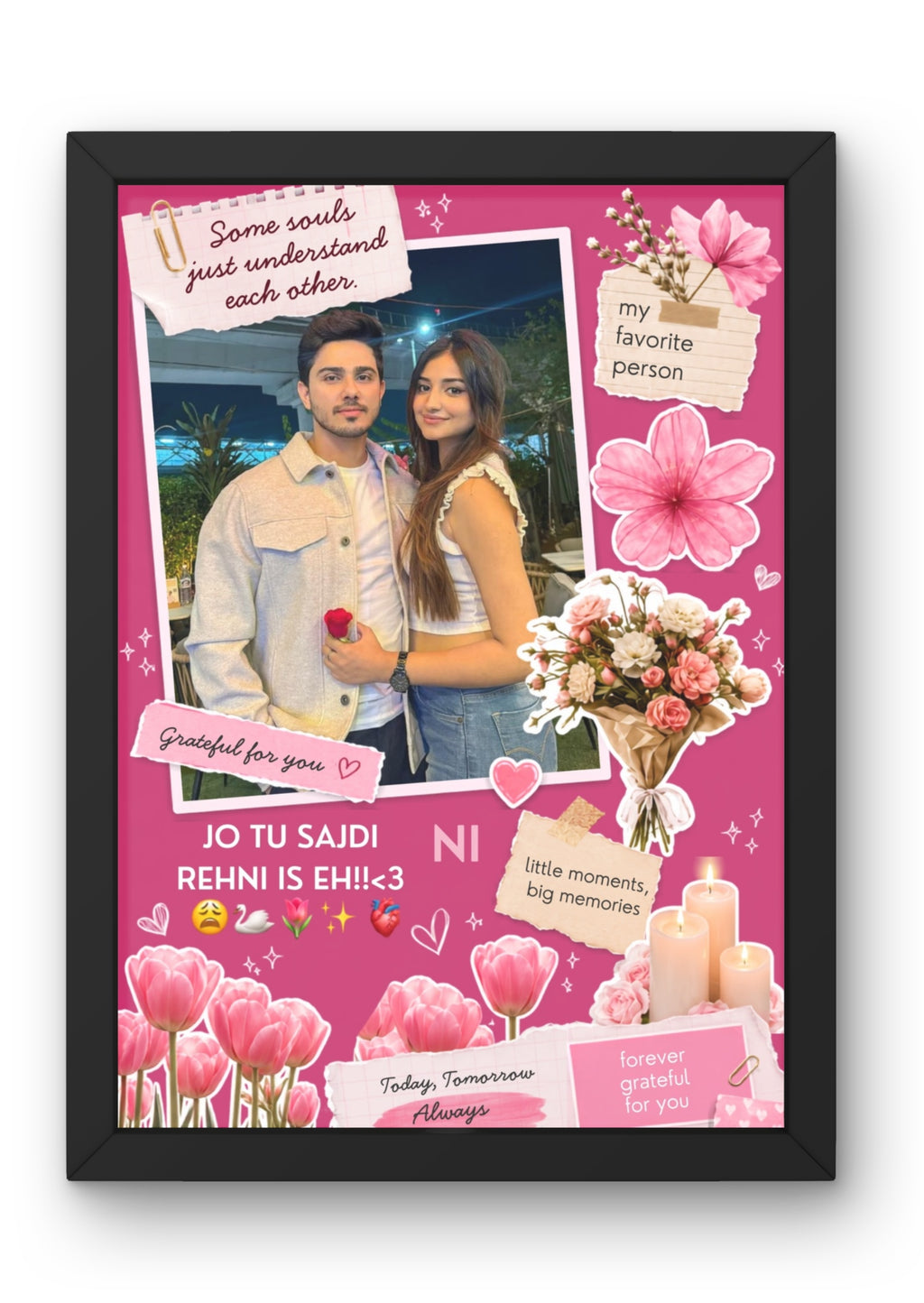 FrameYourMemories Customized Romantic Pink Floral Scrapbook Frame – Aesthetic Solo/Couple Photo Frame with Love Quotes & Song Lyric Tags (12x8 Inch, 0.5 Inch Breadth)
