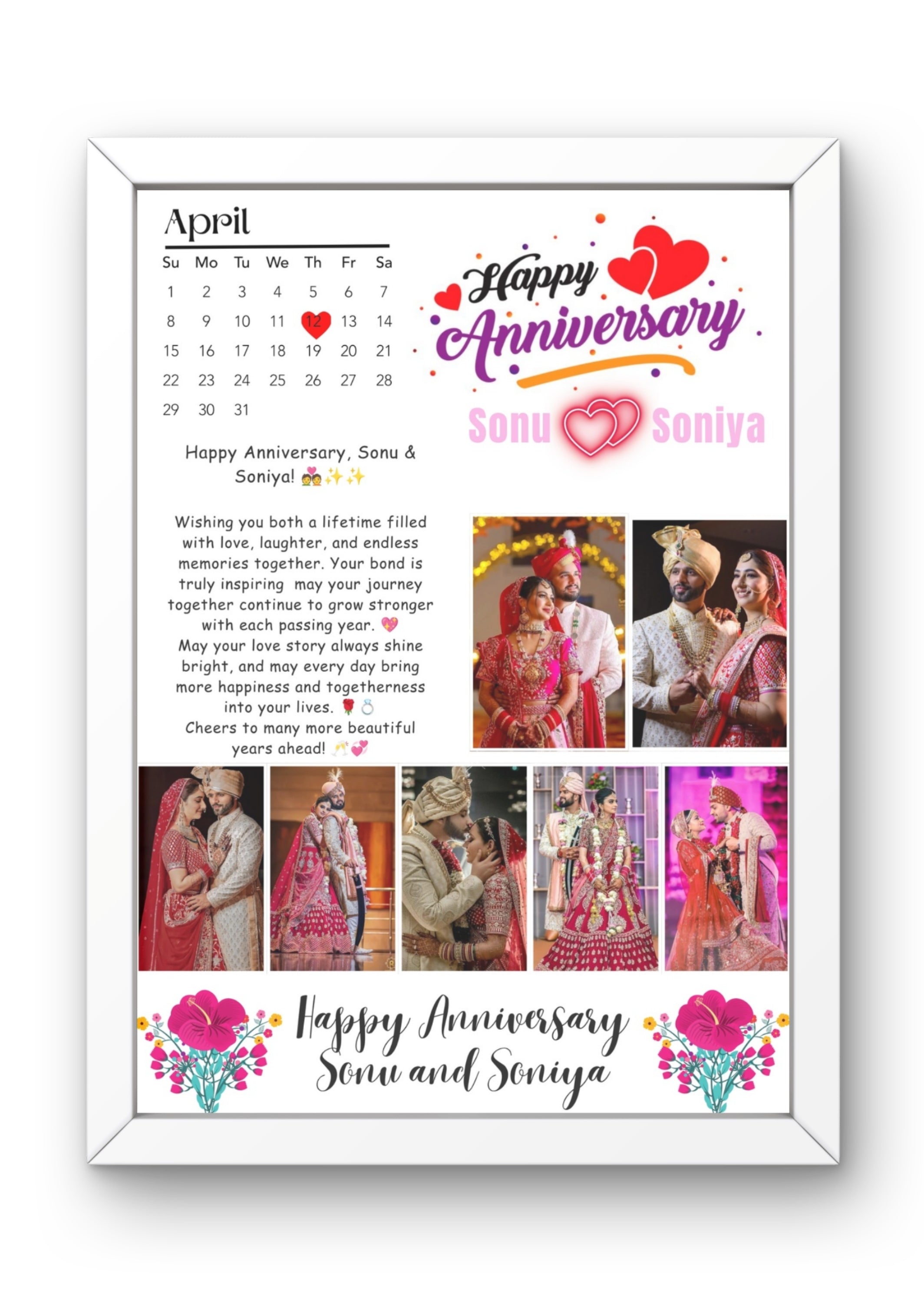 FrameYourMemories Customized Happy Anniversary Calendar Photo Frame – Personalized Couples Wedding Collage Frame (12x8 Inch, 0.5 Inch Breadth)
