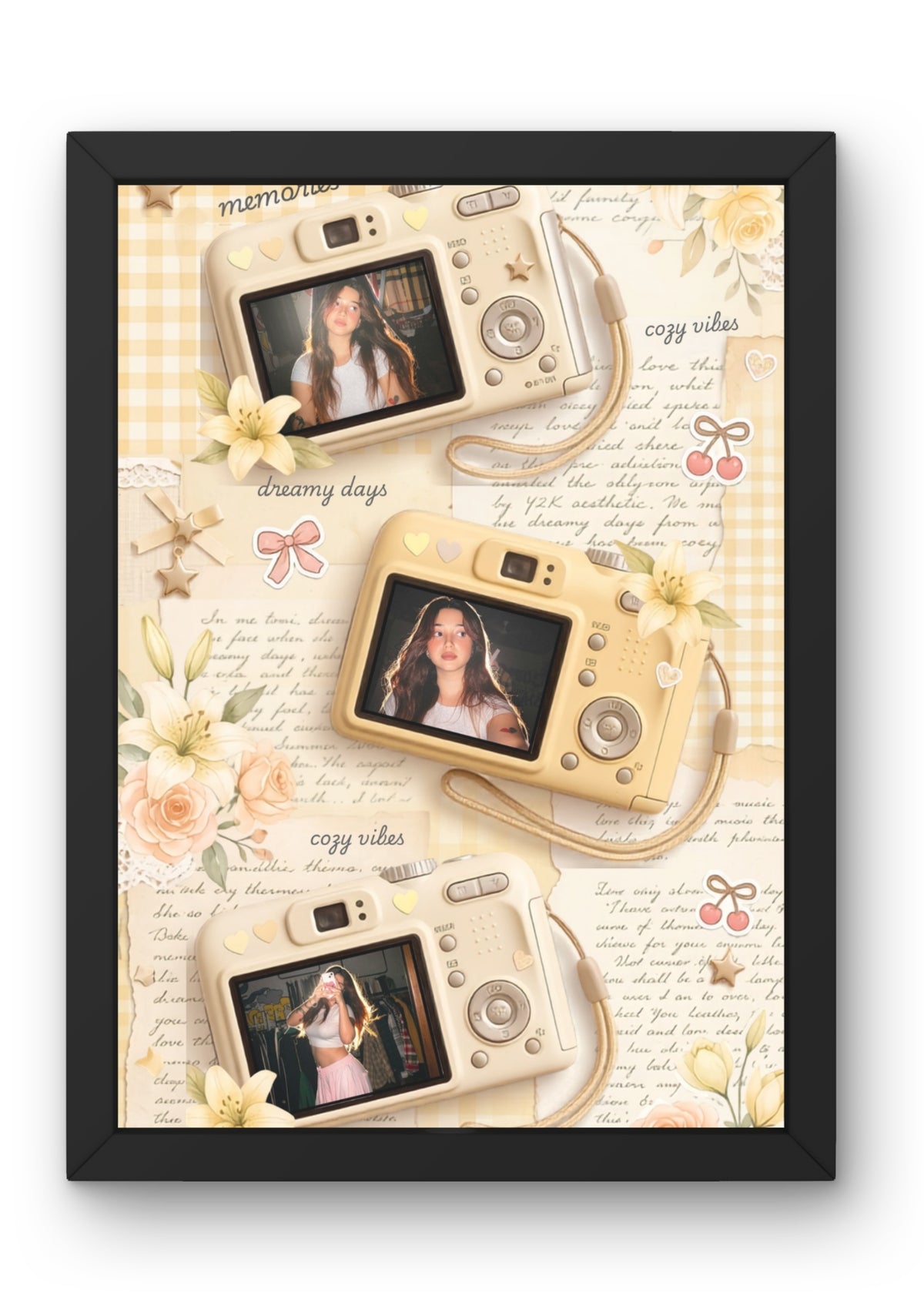 FrameYourMemories Customized Coquette Camera Collage Frame – Vintage Beige Aesthetic 3-Photo Scrapbook Frame (12x8 Inch, 0.5 Inch Breadth)