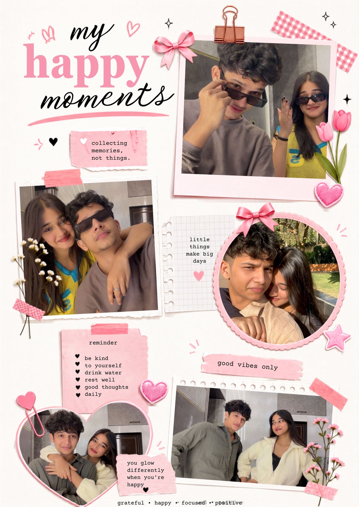 FrameYourMemories Customized "My Happy Moments" Pink Scrapbook Frame – Aesthetic 4-Photo Couple/Friends Collage Frame with Positive Reminders (12x8 Inch, 0.5 Inch Breadth)