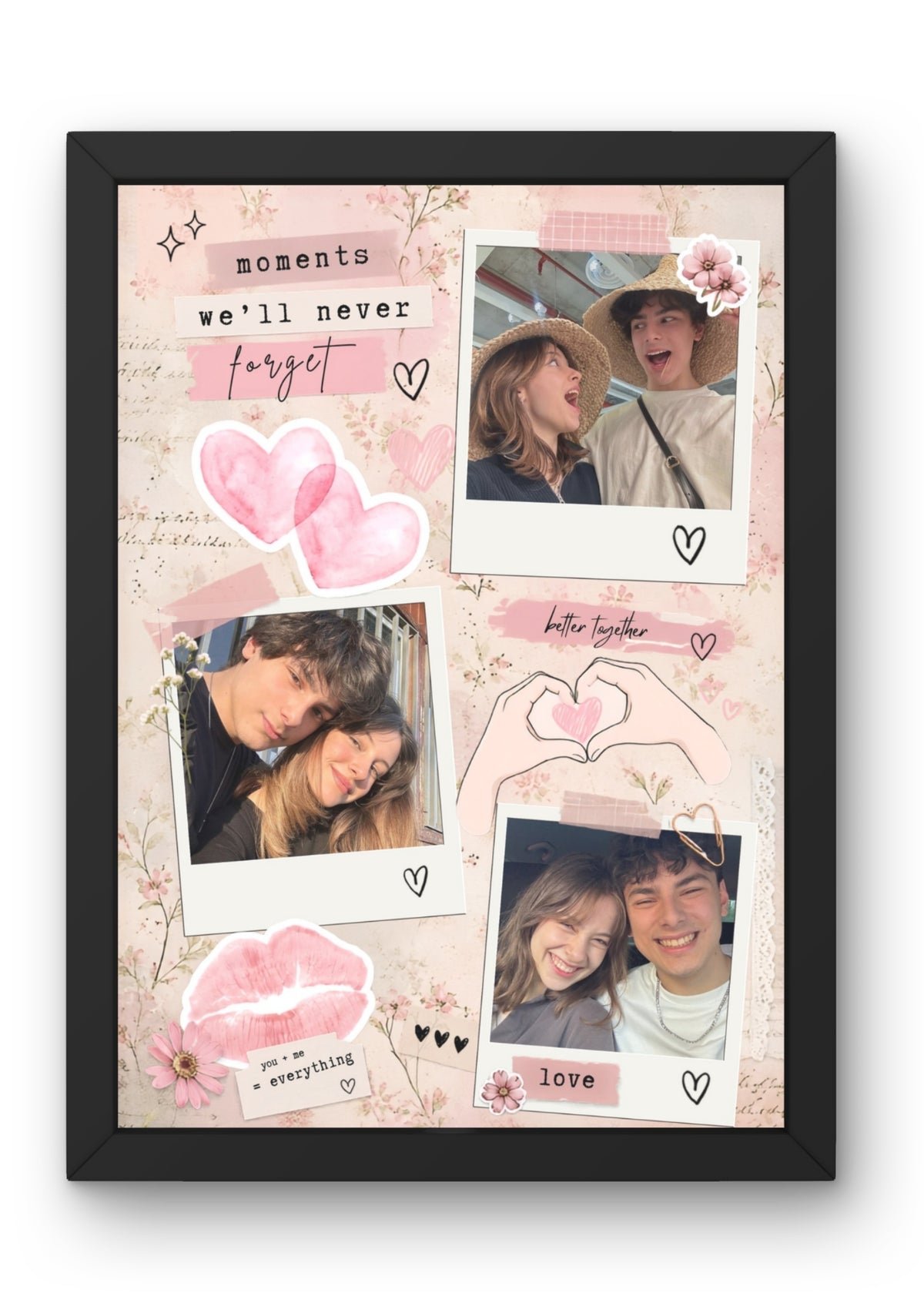 FrameYourMemories Customized Romantic Soft Pink Floral Polaroid Frame – Aesthetic 3-Photo Couple Collage Frame with Love Quotes (12x8 Inch, 0.5 Inch Breadth)