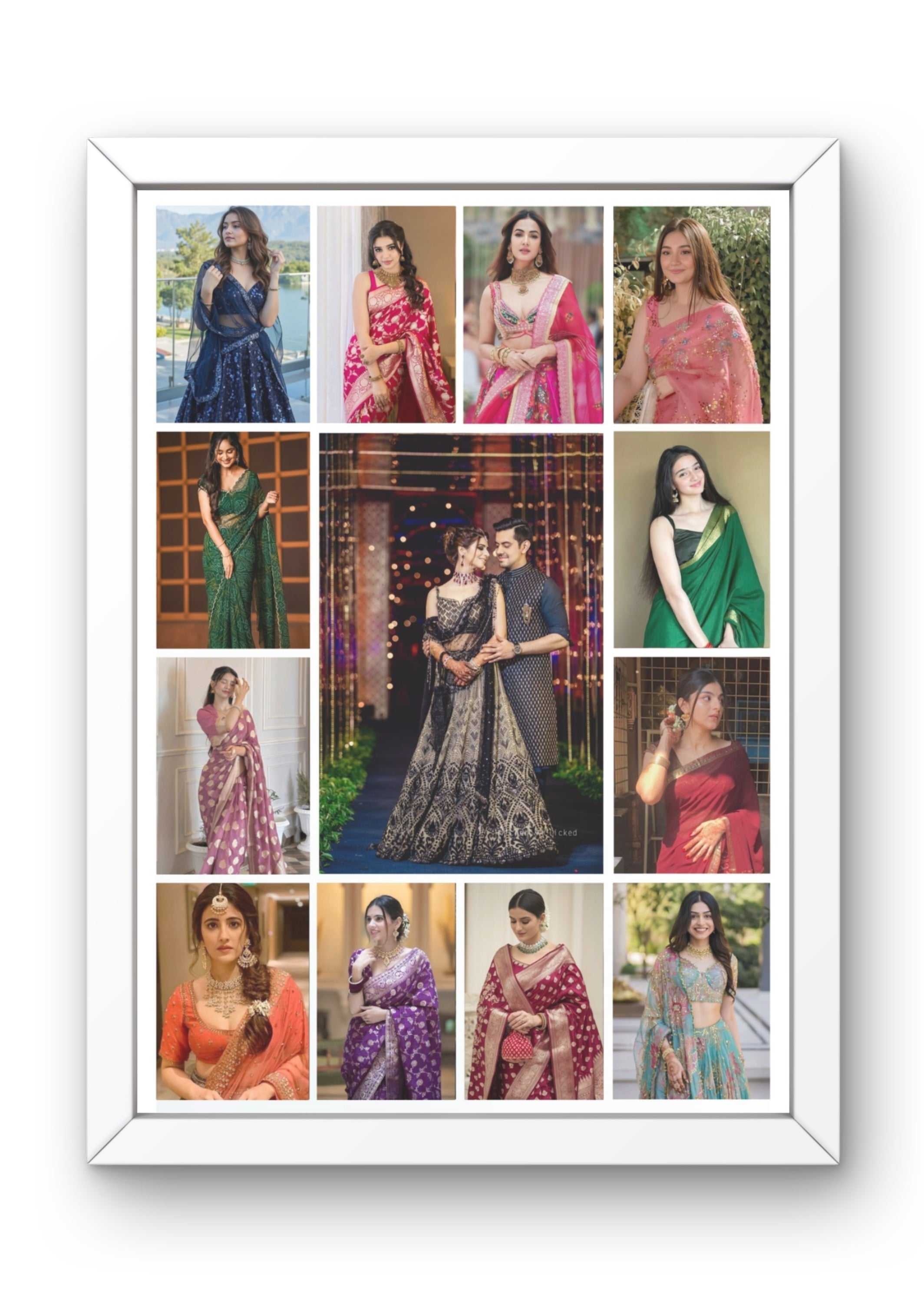 FrameYourMemories Customized 13-Photo Ethnic Fashion Collage Frame – Personalized Festive & Couple Photo Grid (12x8 Inch, 0.5 Inch Breadth)