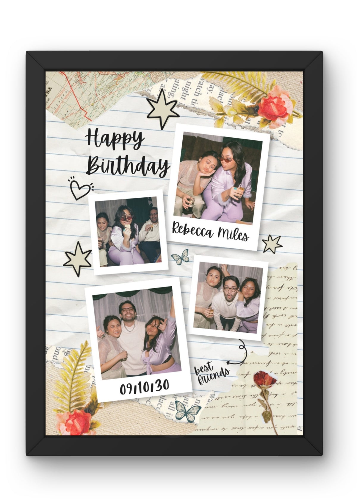 FrameYourMemories Customized Vintage Lined Journal Birthday Frame – Aesthetic 4-Photo Polaroid Collage Frame with Name & Date (12x8 Inch, 0.5 Inch Breadth)