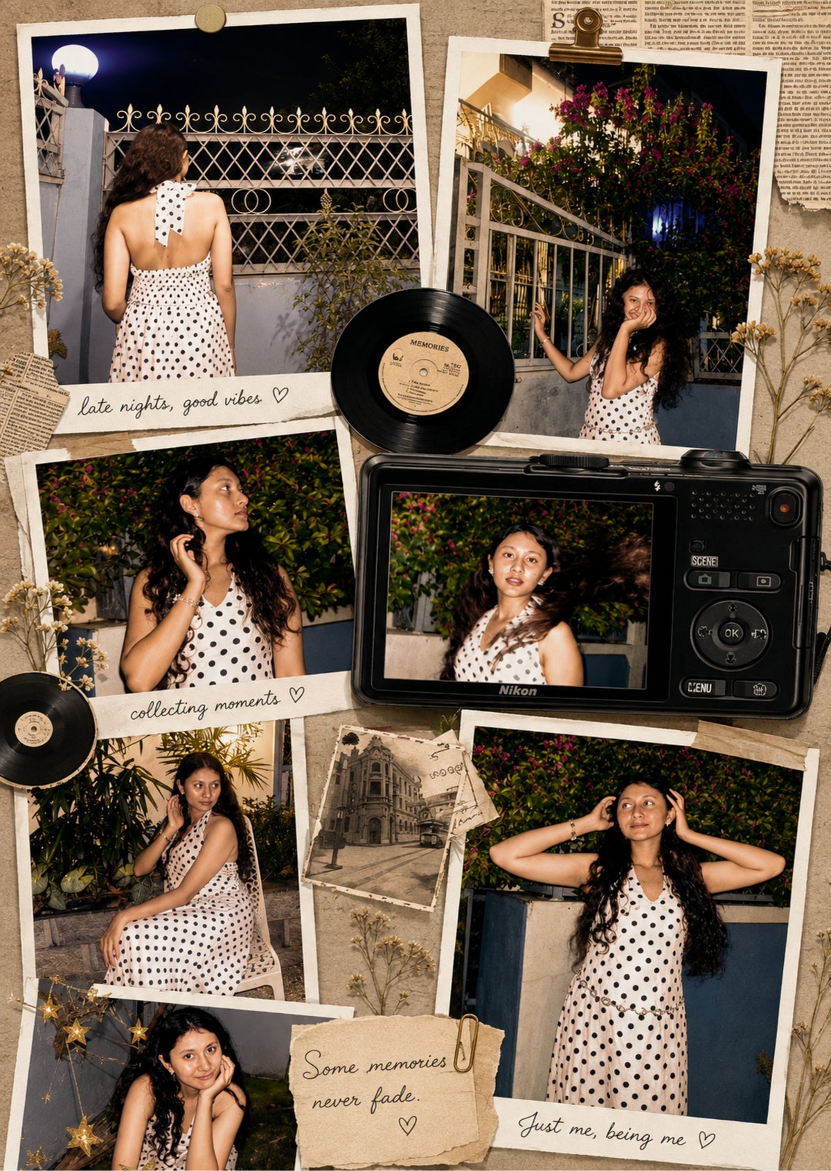 FrameYourMemories Customized Vintage Aesthetic Camera & Vinyl Scrapbook Frame – 7-Photo Polaroid Collage Frame with Retro Quotes (12x8 Inch, 0.5 Inch Breadth)