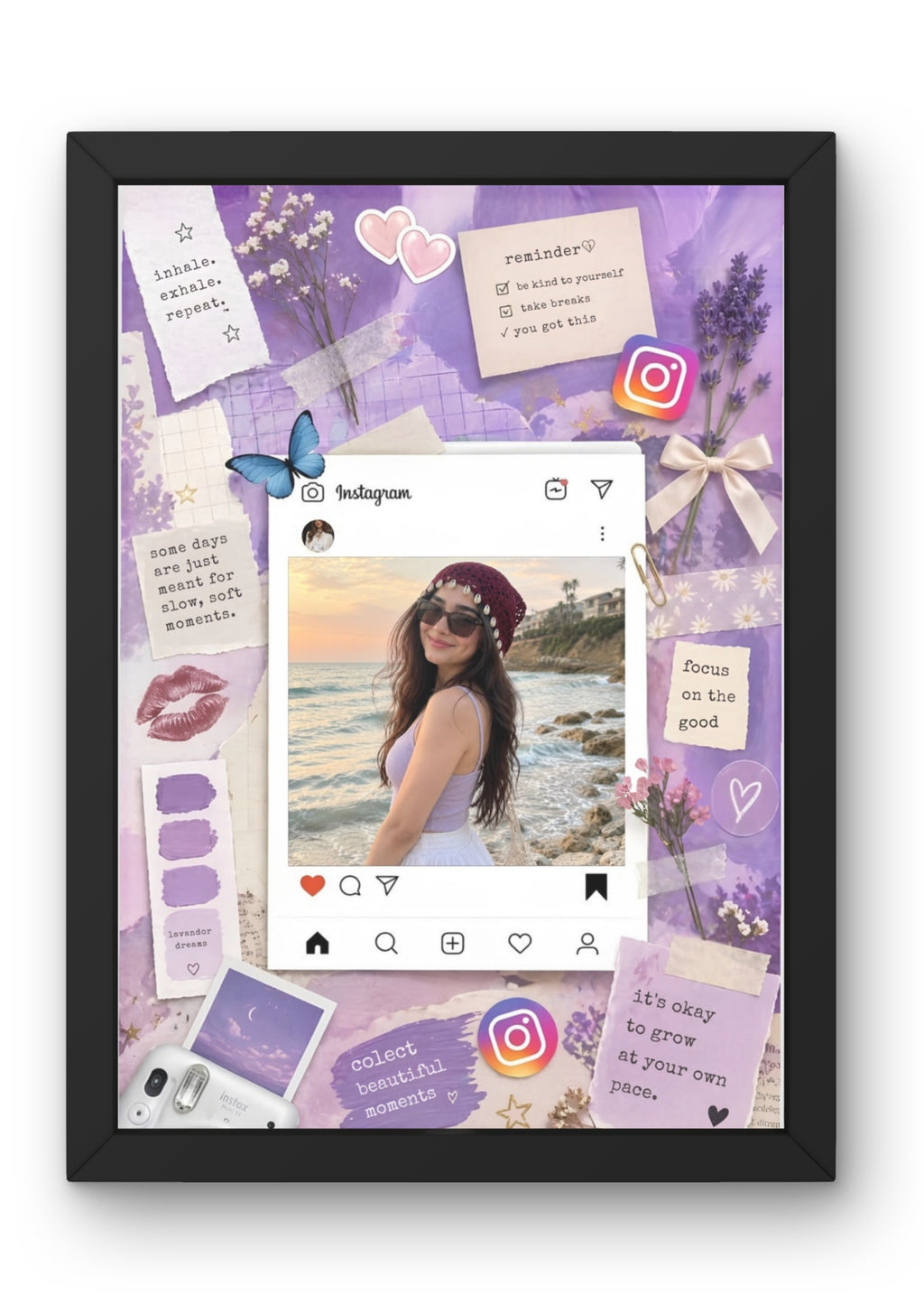 FrameYourMemories Customized Lavender Aesthetic Instagram Post Frame – Solo Portrait Scrapbook Frame with Positive Quotes (12x8 Inch, 0.5 Inch Breadth)