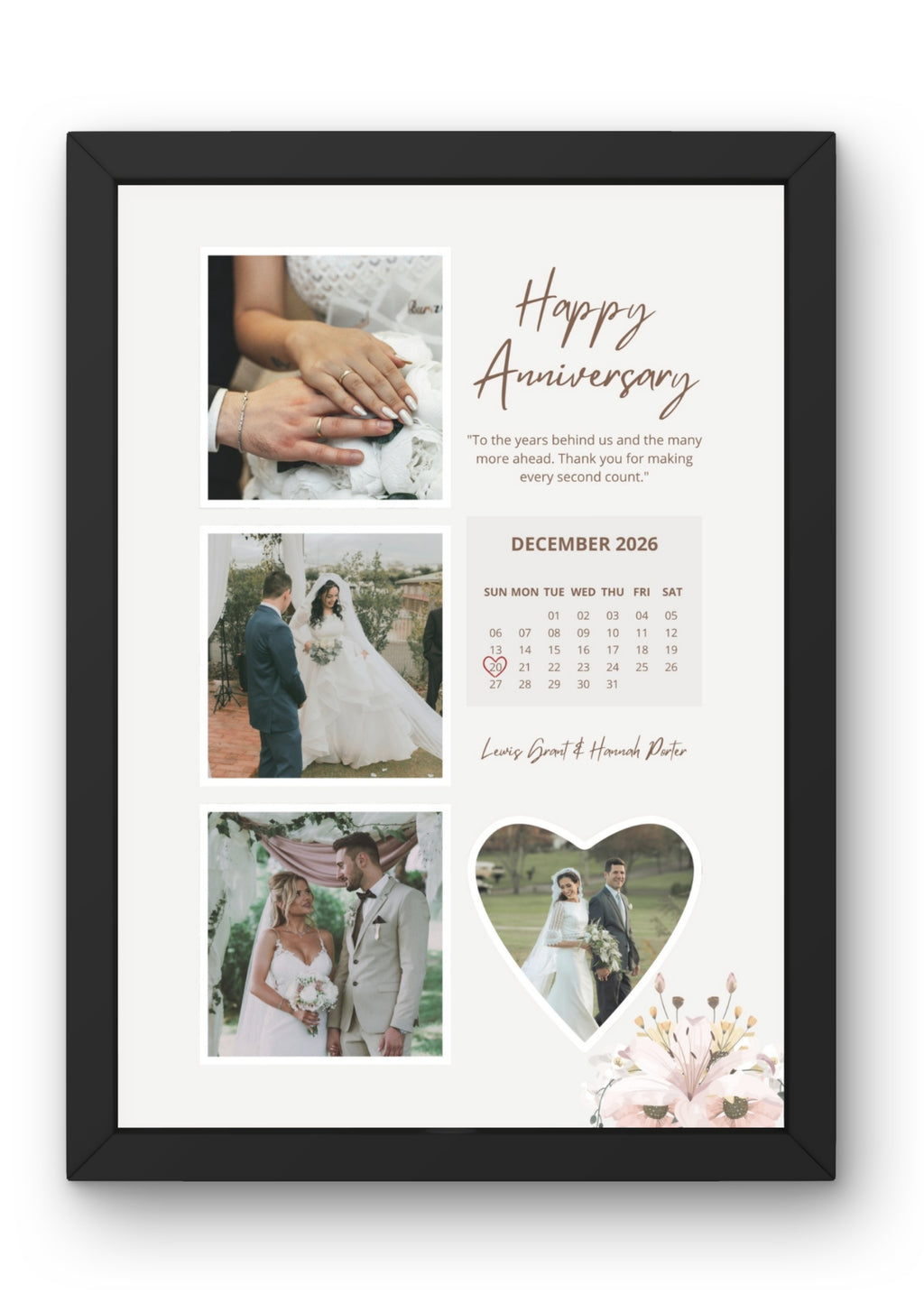 FrameYourMemories Customized Romantic Floral Anniversary Frame – Aesthetic 4-Photo Collage Frame with Date Calendar & Names (12x8 Inch, 0.5 Inch Breadth)