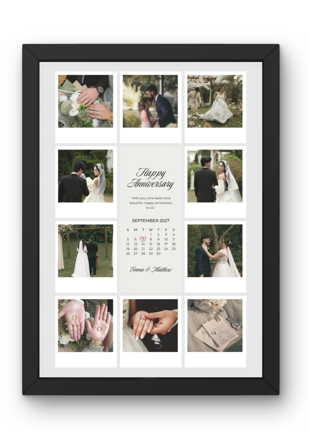 FrameYourMemories Customized Elegant Anniversary Grid Frame – Aesthetic 8-Photo Polaroid Collage Frame with Anniversary Calendar & Names (12x8 Inch, 0.5 Inch Breadth)