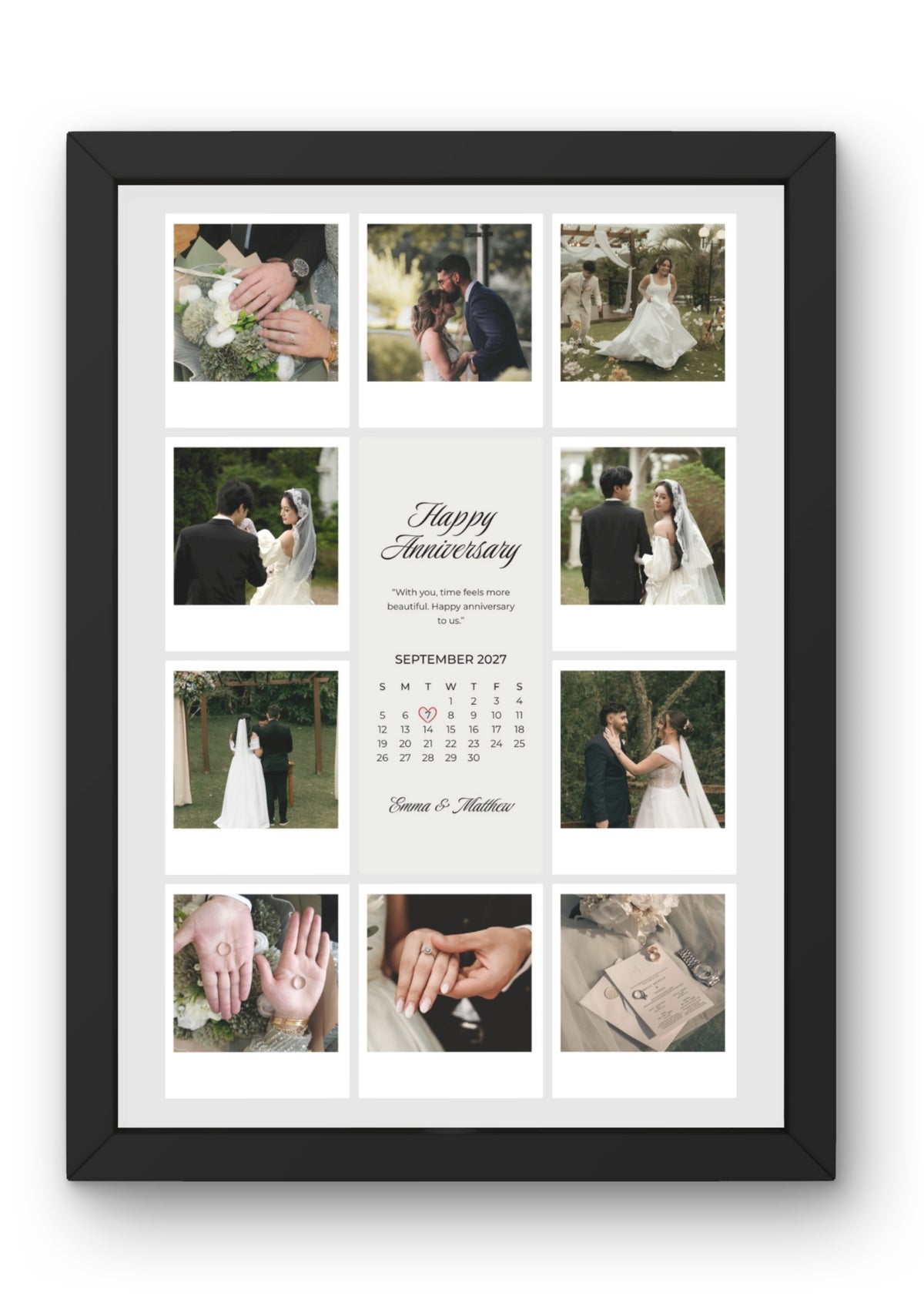 FrameYourMemories Customized Elegant Anniversary Grid Frame – Aesthetic 8-Photo Polaroid Collage Frame with Anniversary Calendar & Names (12x8 Inch, 0.5 Inch Breadth)